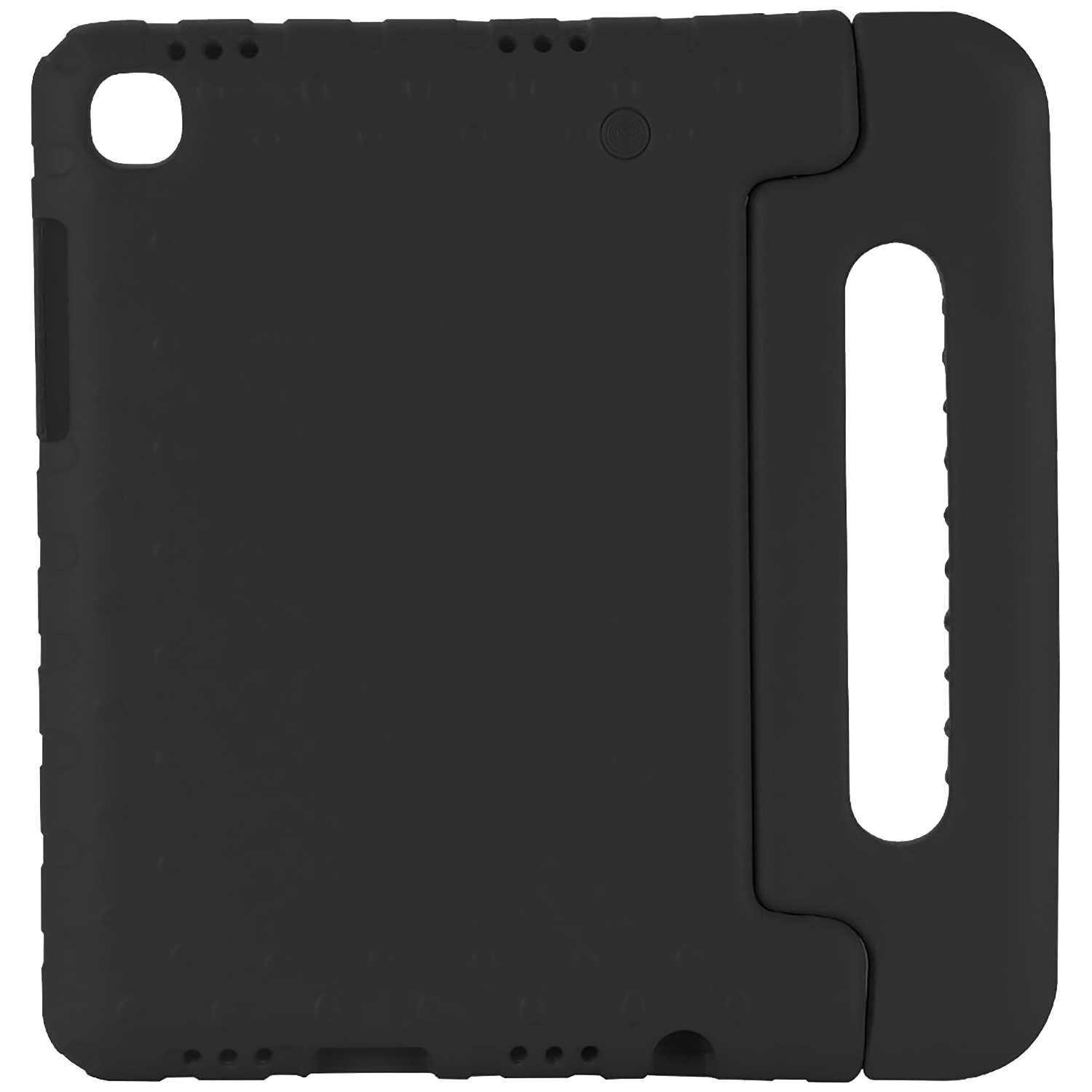 A black tablet case with a handle. The case has a hole for the camera and buttons. The handle has a large cut-out.