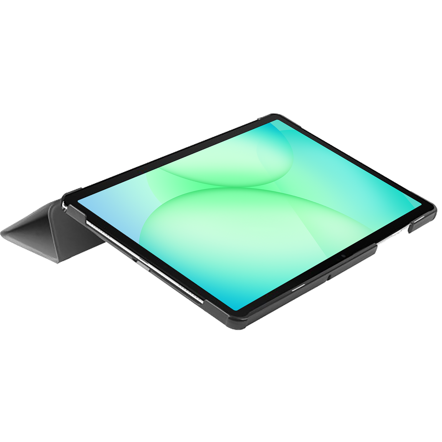 Tablet with a green and blue screen, in a black case, on white background. The case is partly open, propping up the tablet.