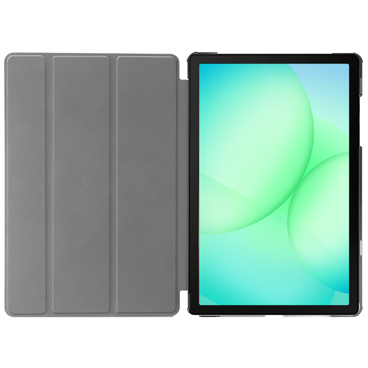 Tablet with gray cover open, showing the screen with green and blue gradients. The cover is on the left.