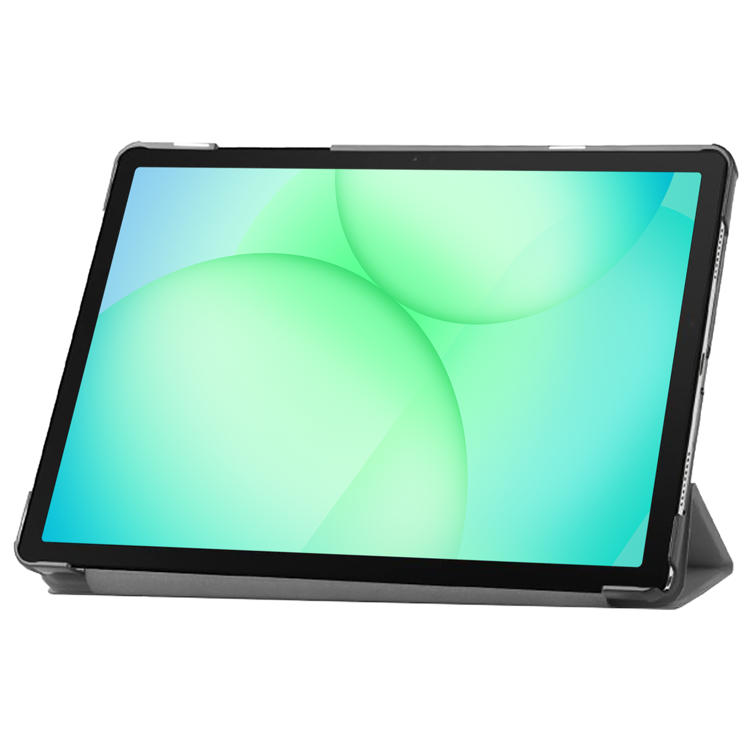 Tablet with a green and blue gradient screen, in a gray case, propped up at an angle.