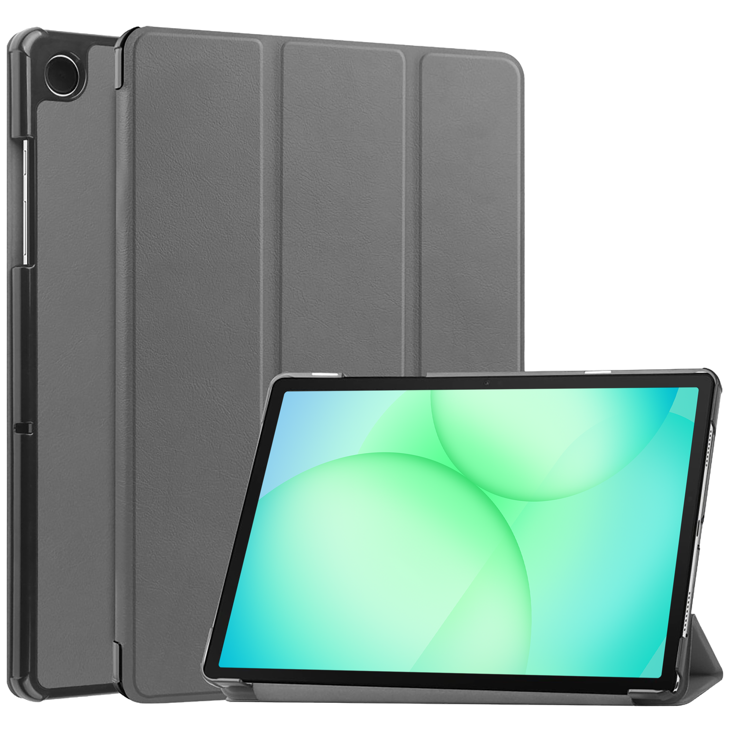 Tablet with gray cover, open to reveal a screen with green and blue background. Another tablet is behind, also in gray.