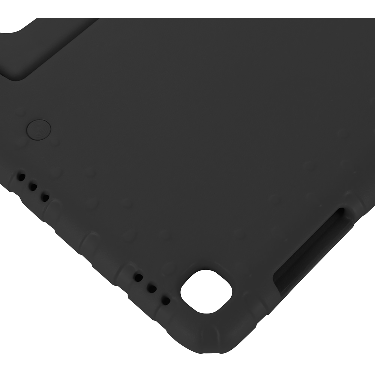 Close-up of a black tablet case. It has a rounded corner with a large hole and several smaller holes along the edge.