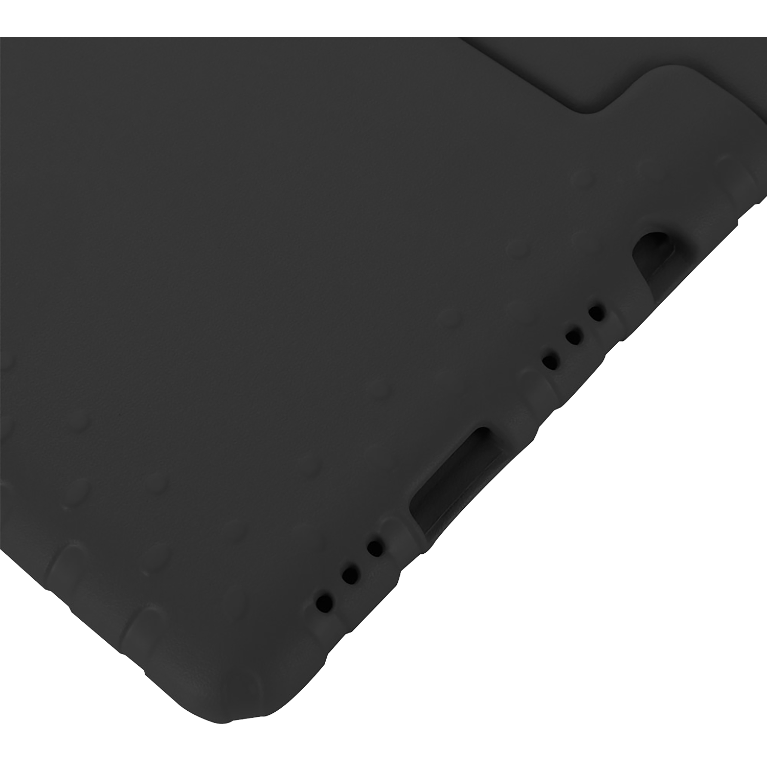 Close-up of a black, textured tablet case. It has rounded edges and several holes along one side, with a white background.