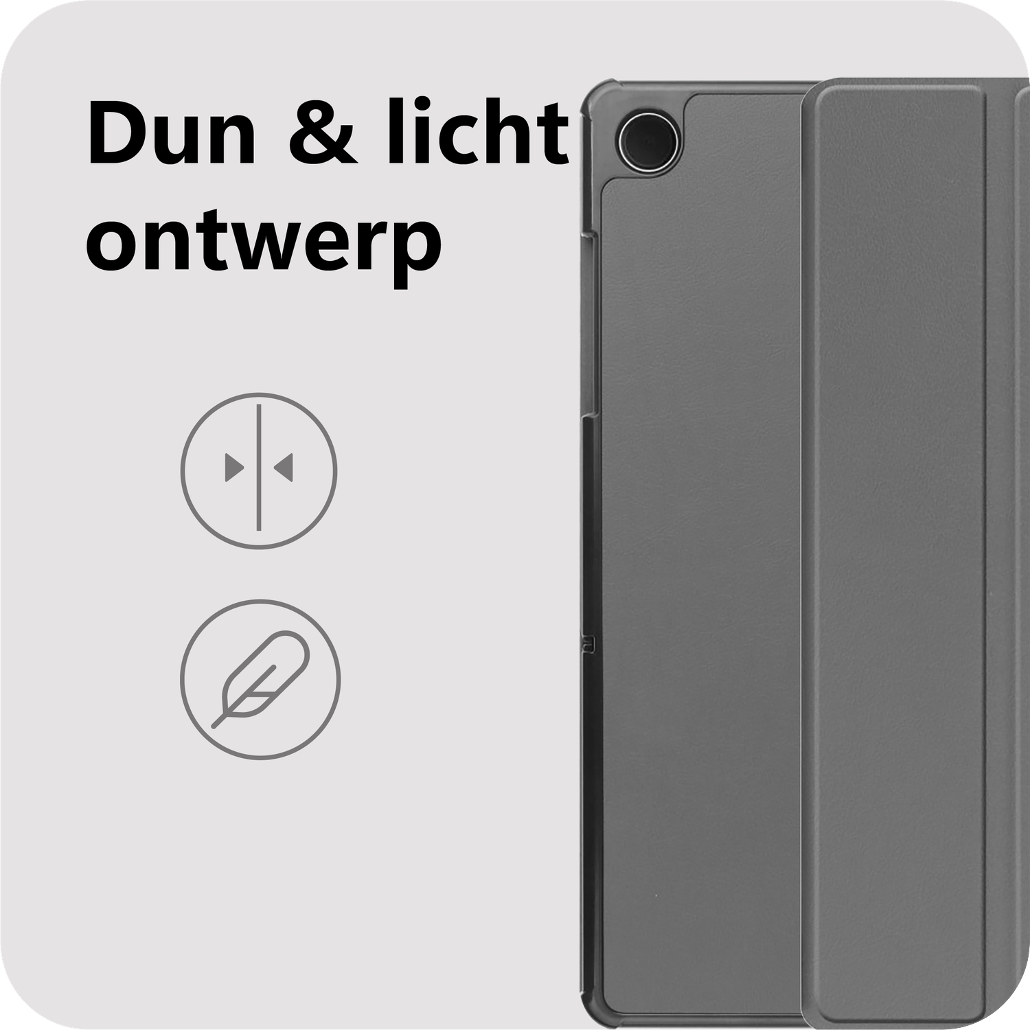 Image shows a grey tablet case. Text says 'Thin & light design' with icons of thickness and a feather.