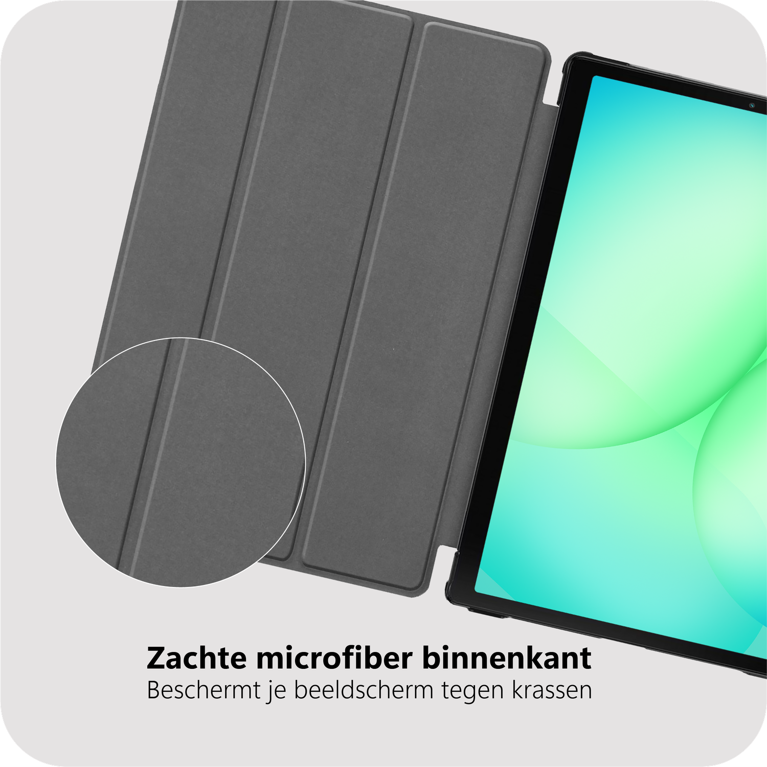 Tablet in a gray case. The screen displays a light green gradient. The case has a microfiber interior.