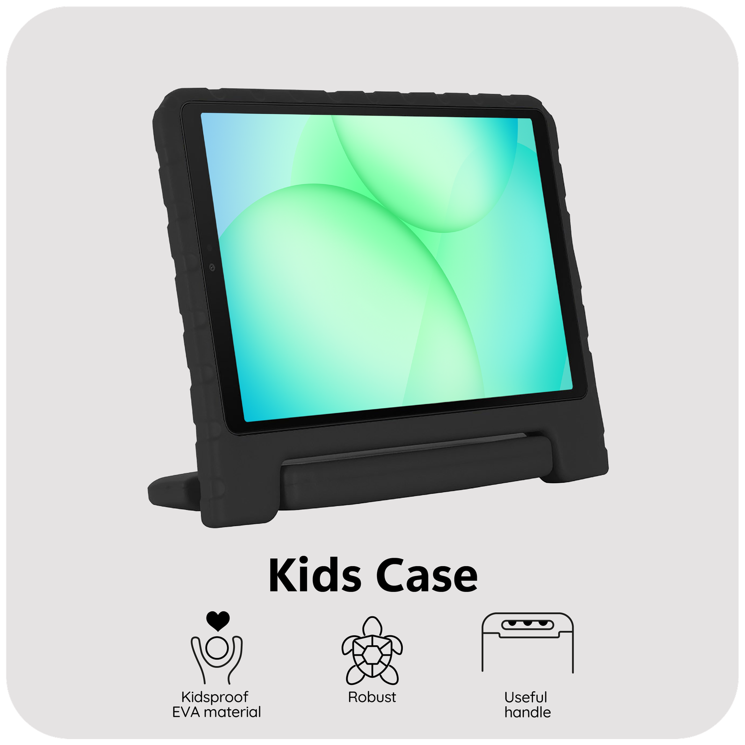 Black tablet case with a tablet inside, displayed on a white background. 'Kids Case' is written below. Icons indicate features.