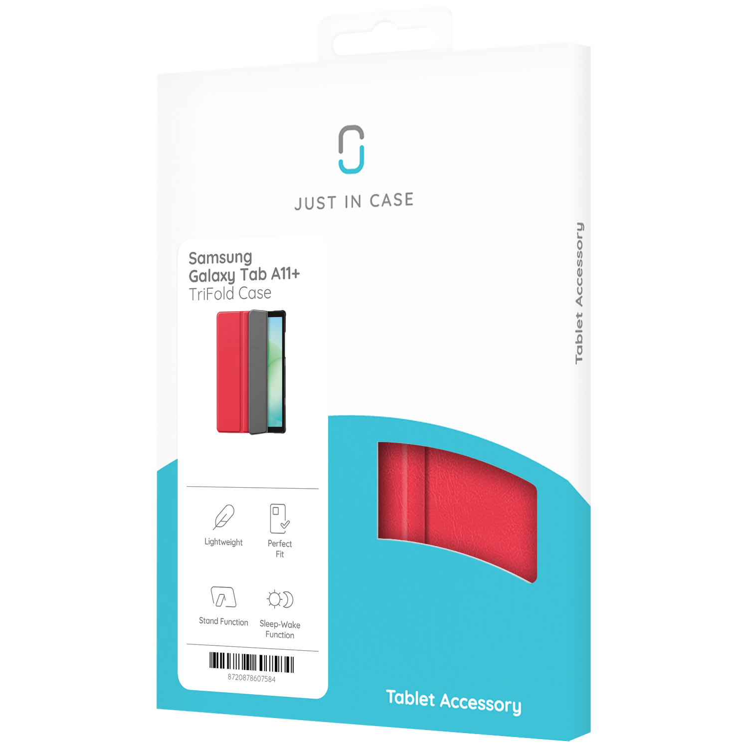A tablet case box. It shows a red, black, and green tablet case. Text says 'Samsung Galaxy Tab A11+' and 'Tablet Accessory'.