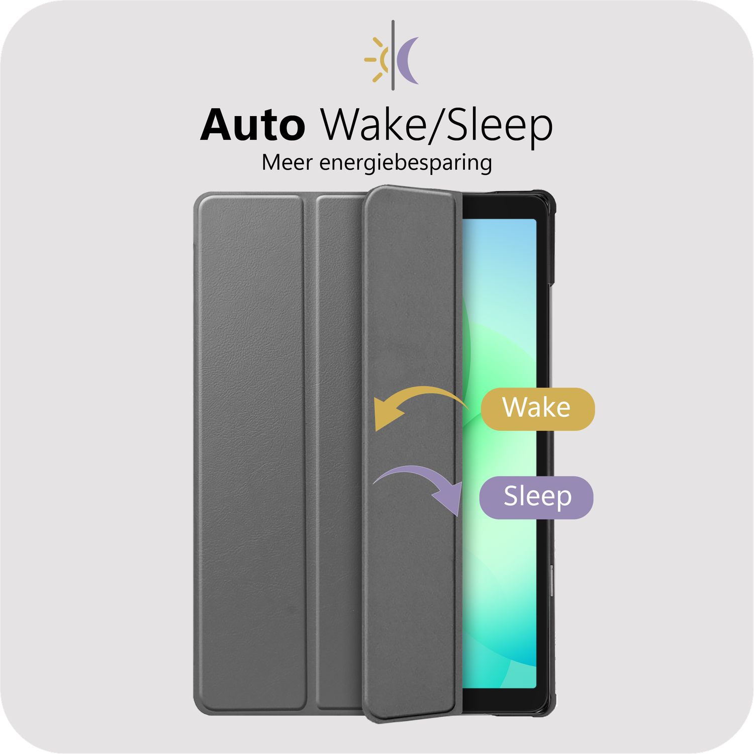 Tablet case with 'Auto Wake/Sleep' feature. Arrows indicate wake and sleep actions. Case is grey, background is light grey.