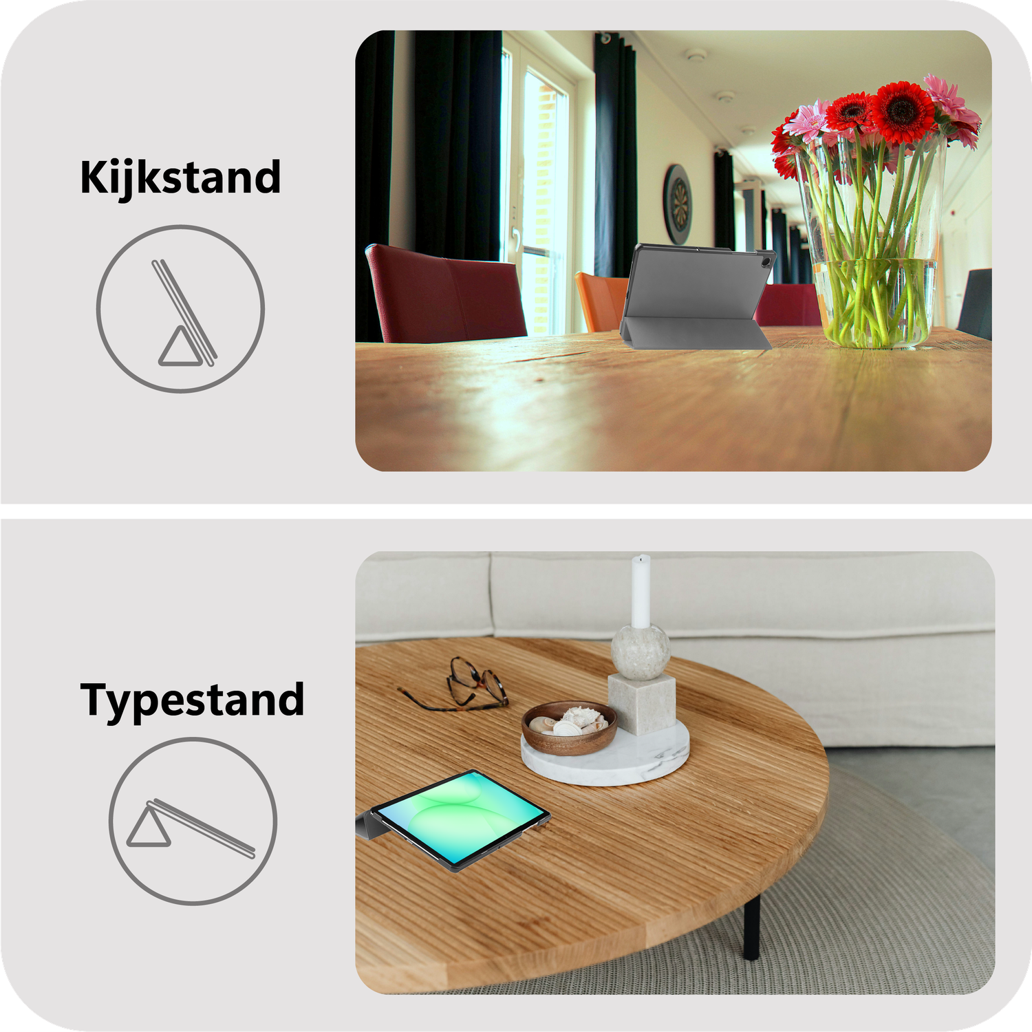 Top: Tablet on a table, flowers in a vase, chairs. Bottom: Tablet on a table with a candle, glasses, and shells.