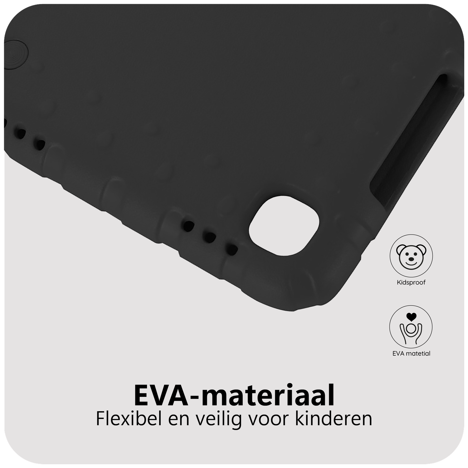 Close-up of a black tablet case corner. Features include a rounded edge, several holes, and text describing the case as kid-proof.