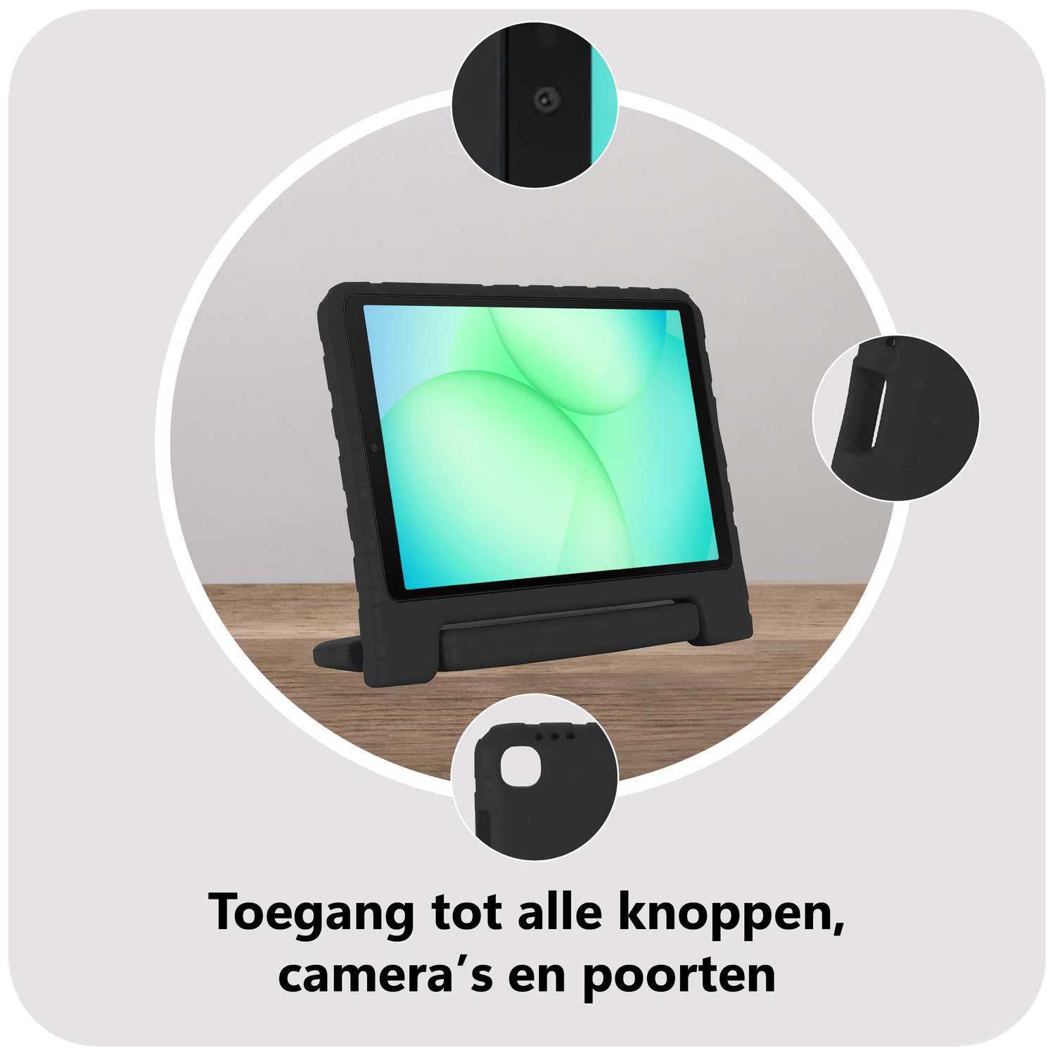 A black tablet in a black case stands on a wooden surface. The screen displays green and white shapes. Text says, access to all buttons.