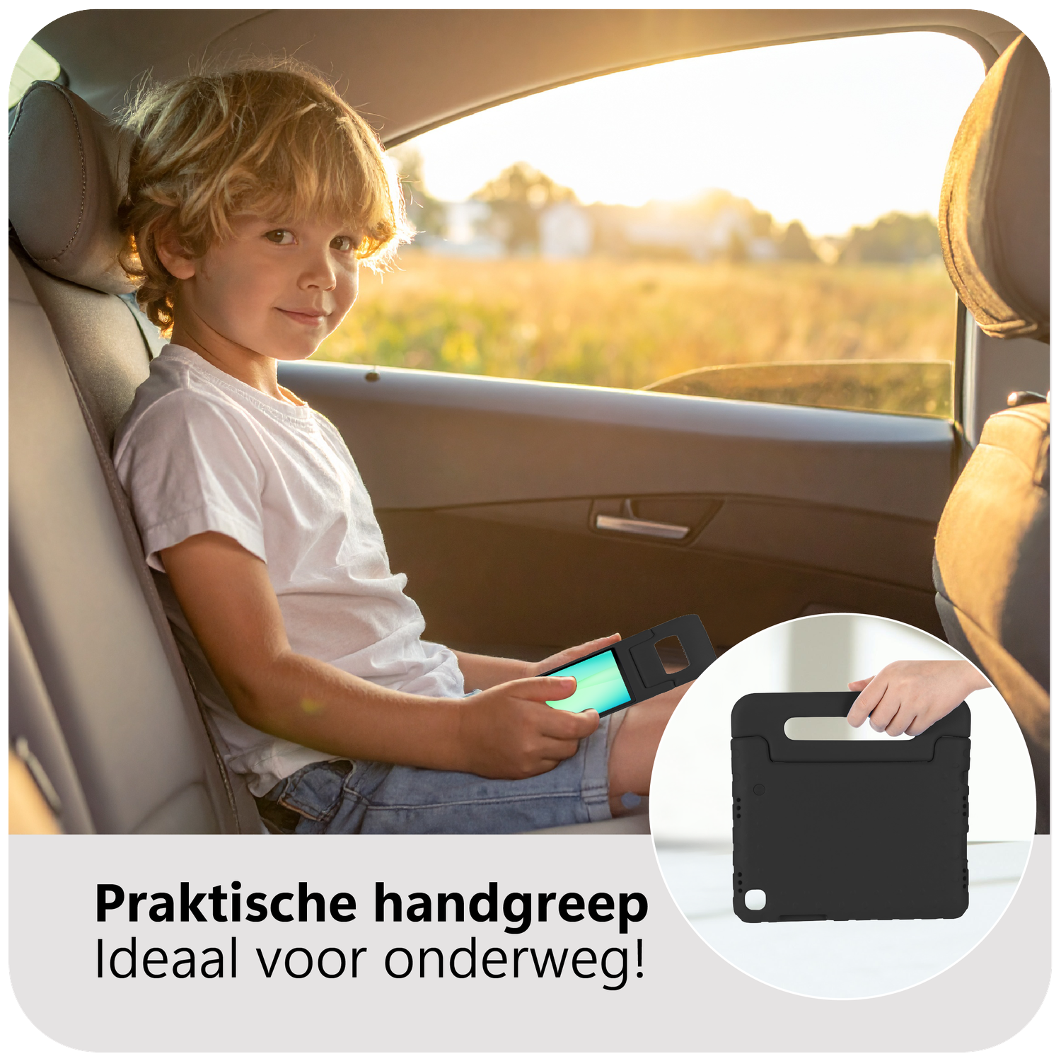 A young boy in a car holds a tablet. He smiles at the camera. A black tablet case is shown in the corner. Background is a field.