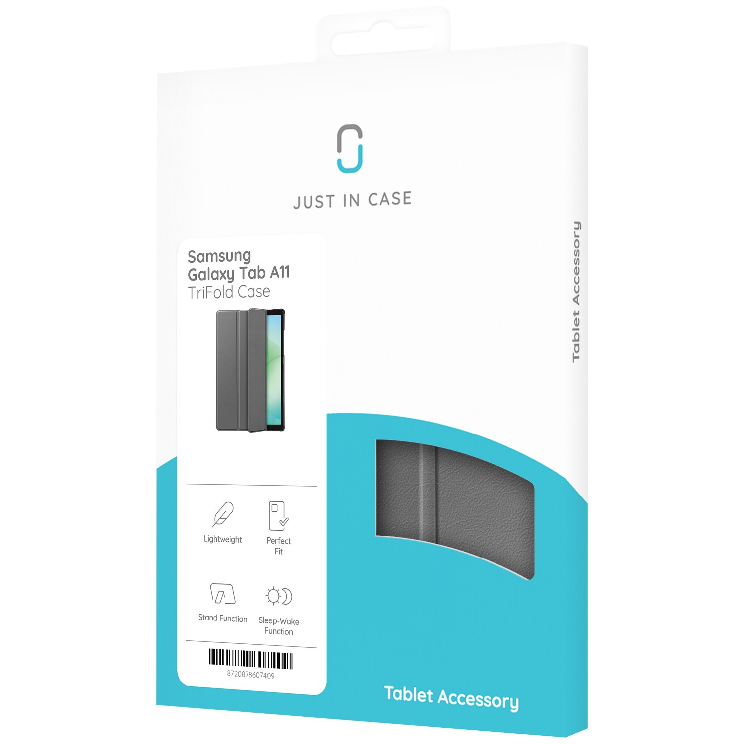 A tablet case box. It says 'Samsung Galaxy Tab A11 TriFold Case'. Features include lightweight, perfect fit, stand function, and sleep-wake function.
