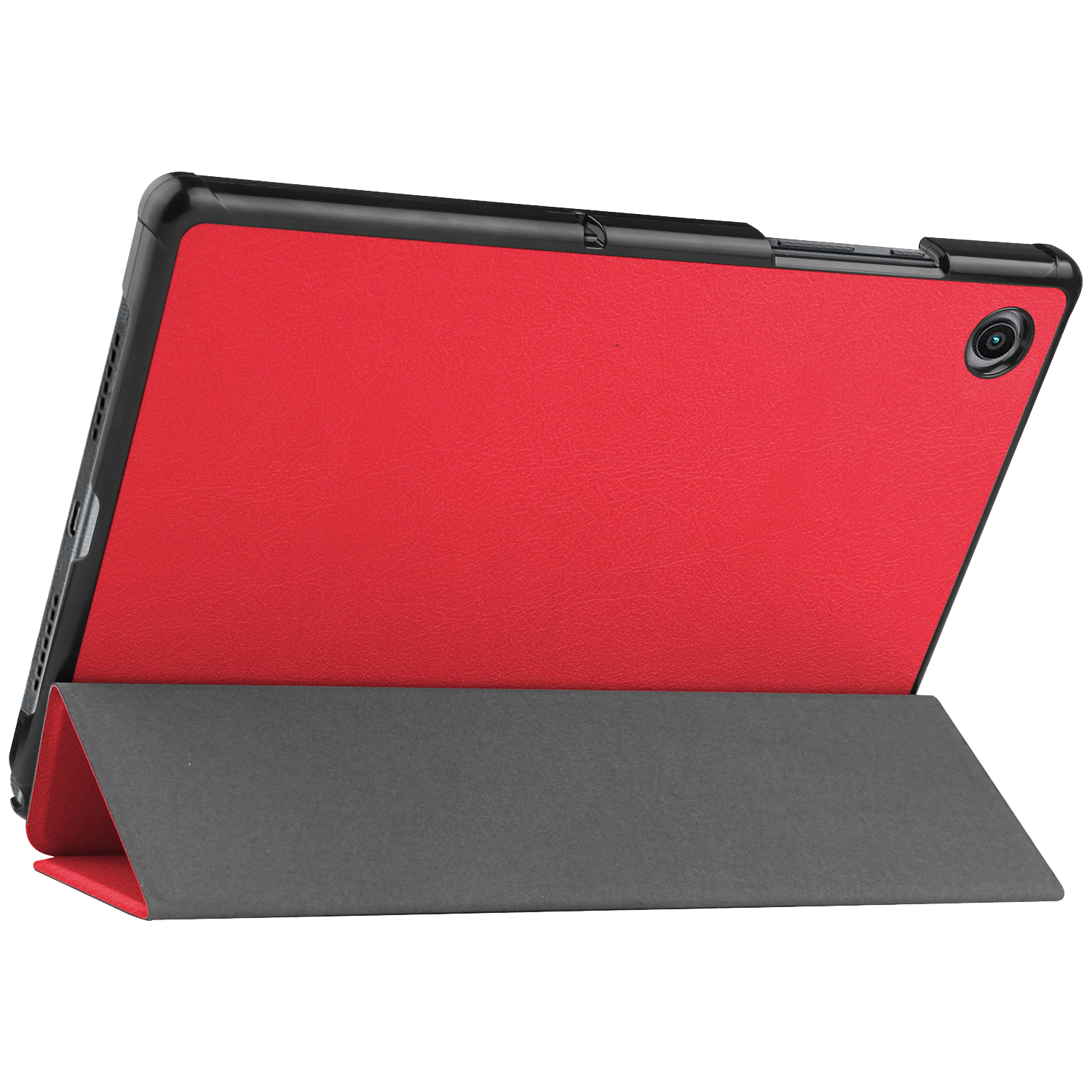 Red tablet in a gray case. The tablet has a black frame. The case is open, showing the tablet's back and the stand.