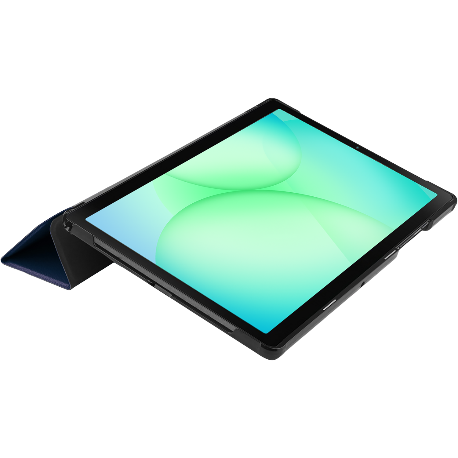 Tablet with a black frame and a blue cover, screen displays green and blue gradients. The background is white.