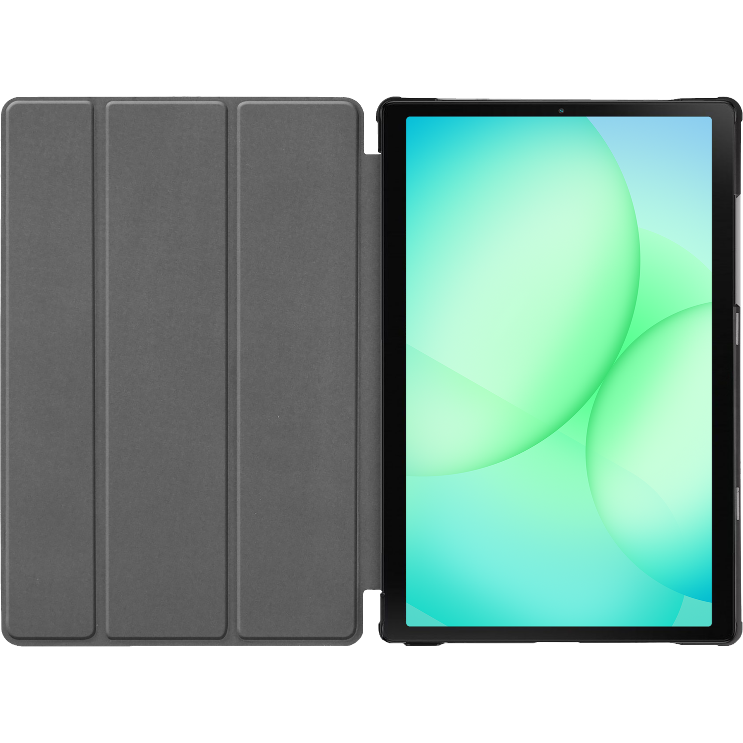 Tablet with open gray cover, screen displaying green and blue gradient circles. Stylus attached on the side.