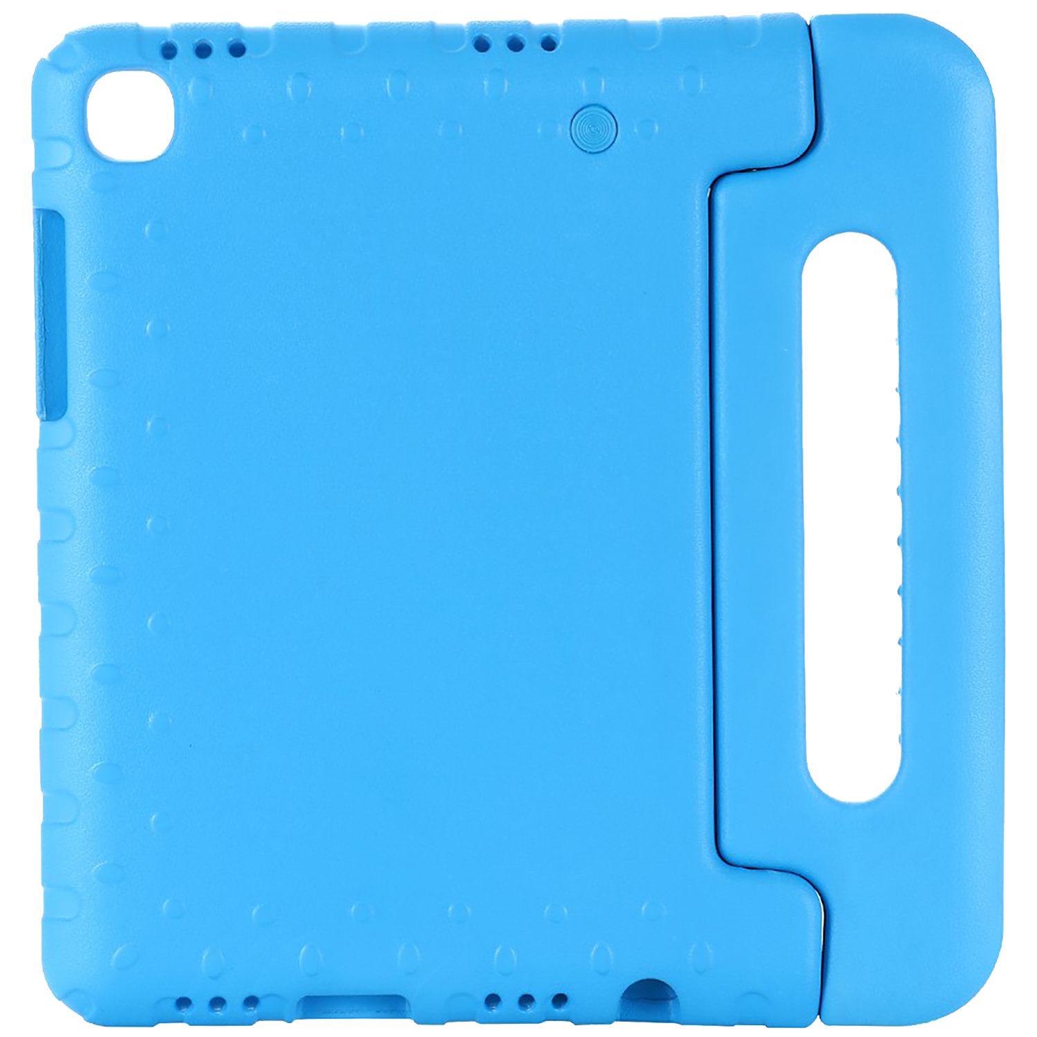 A blue tablet case with a handle. The case has a hole for the camera and several small holes on the top. The handle has a large opening.