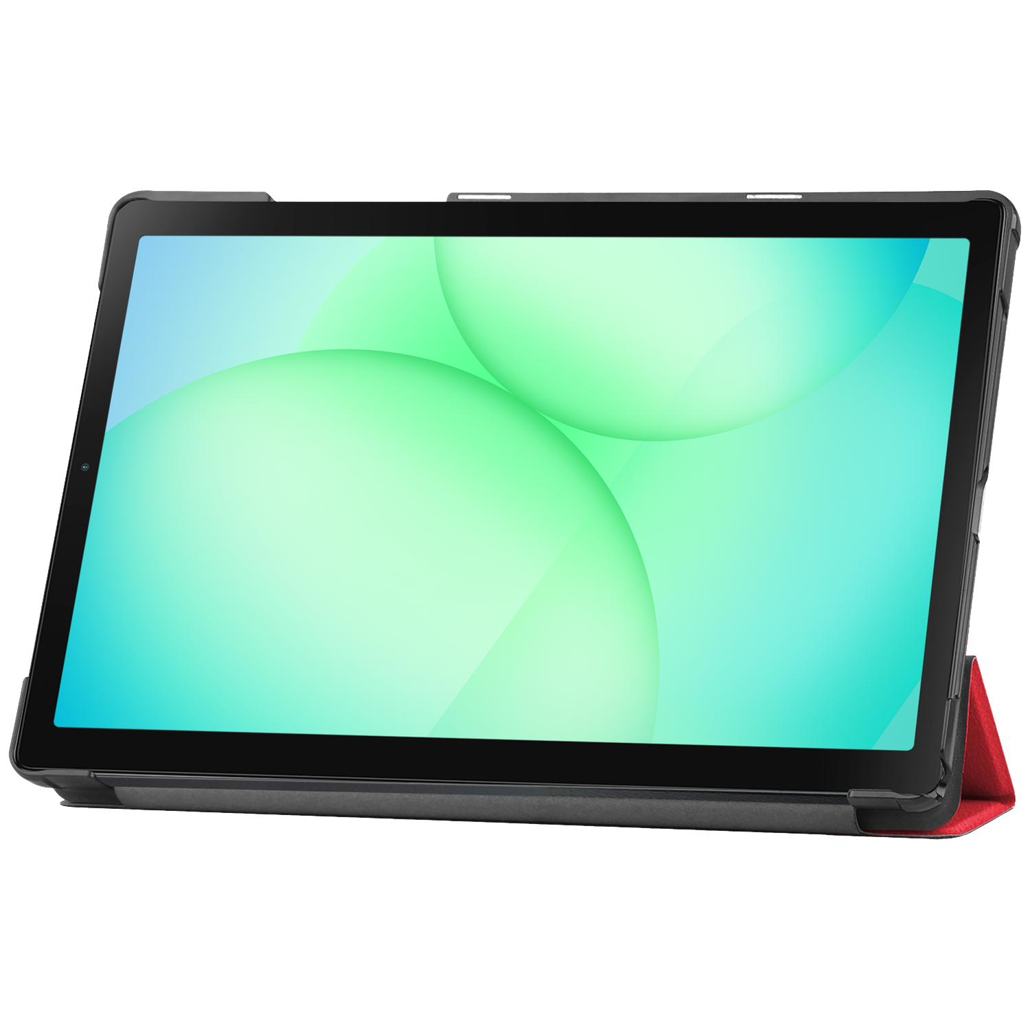 Tablet with black frame and a screen displaying green and blue gradients. It is in a black case with a red stand.