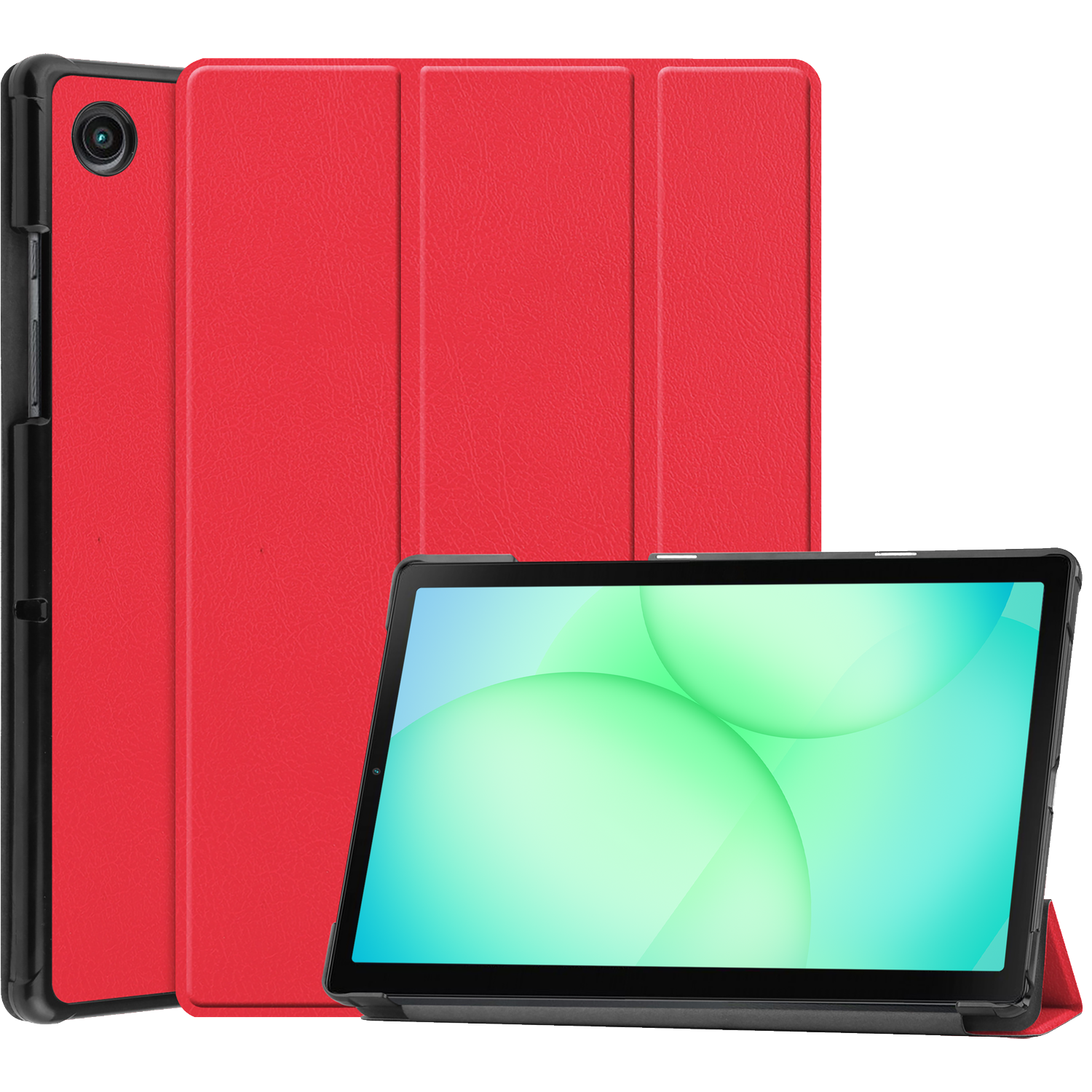 A tablet with a red cover is displayed. The screen shows a green and blue background. The tablet is in a protective case.