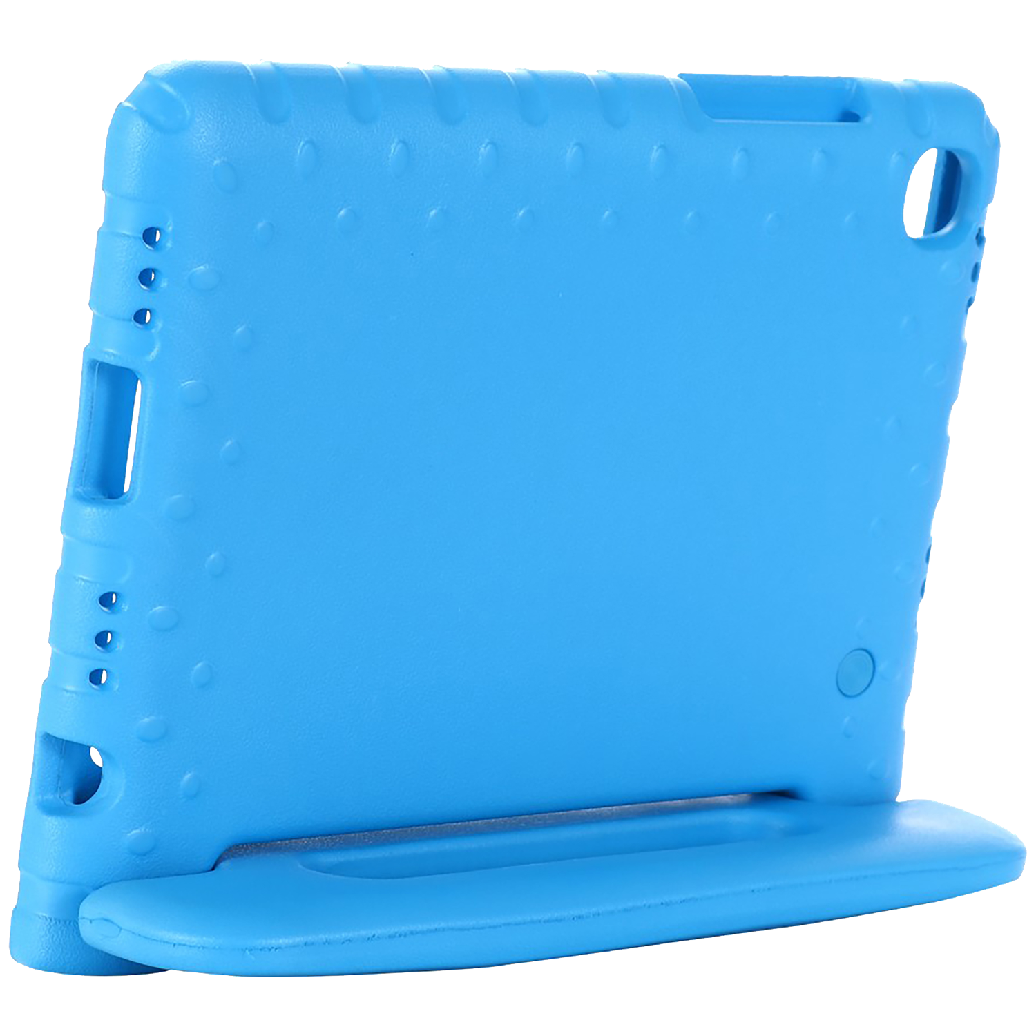 A blue tablet case with a stand. It has a smooth surface with small bumps and several cutouts for buttons and ports.