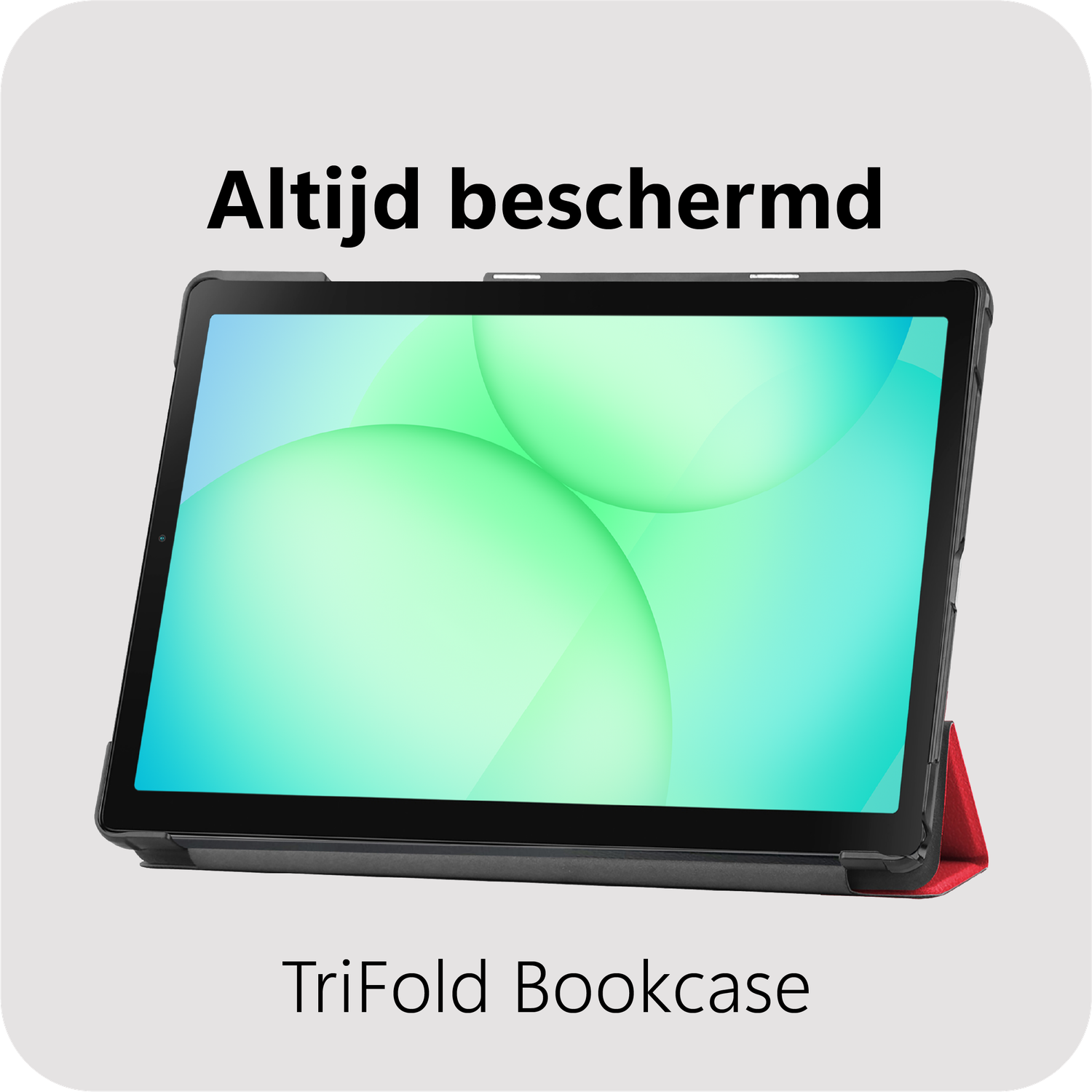 Tablet in a case, with a green and blue screen, on a light gray background. Text: Altijd beschermd, TriFold Bookcase.