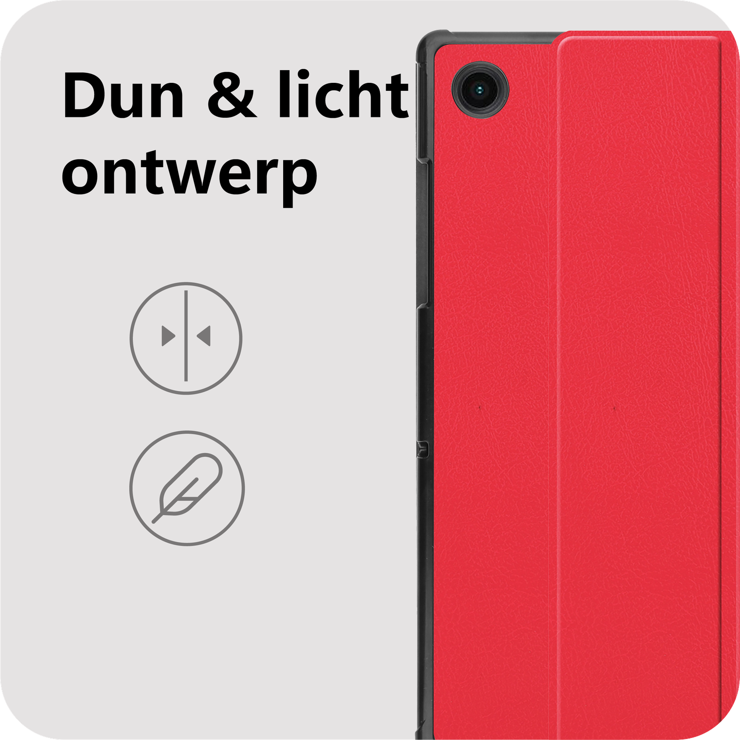Red tablet case with a black border. Text 'Dun & licht ontwerp'. Icons for thinness and light weight are also present.