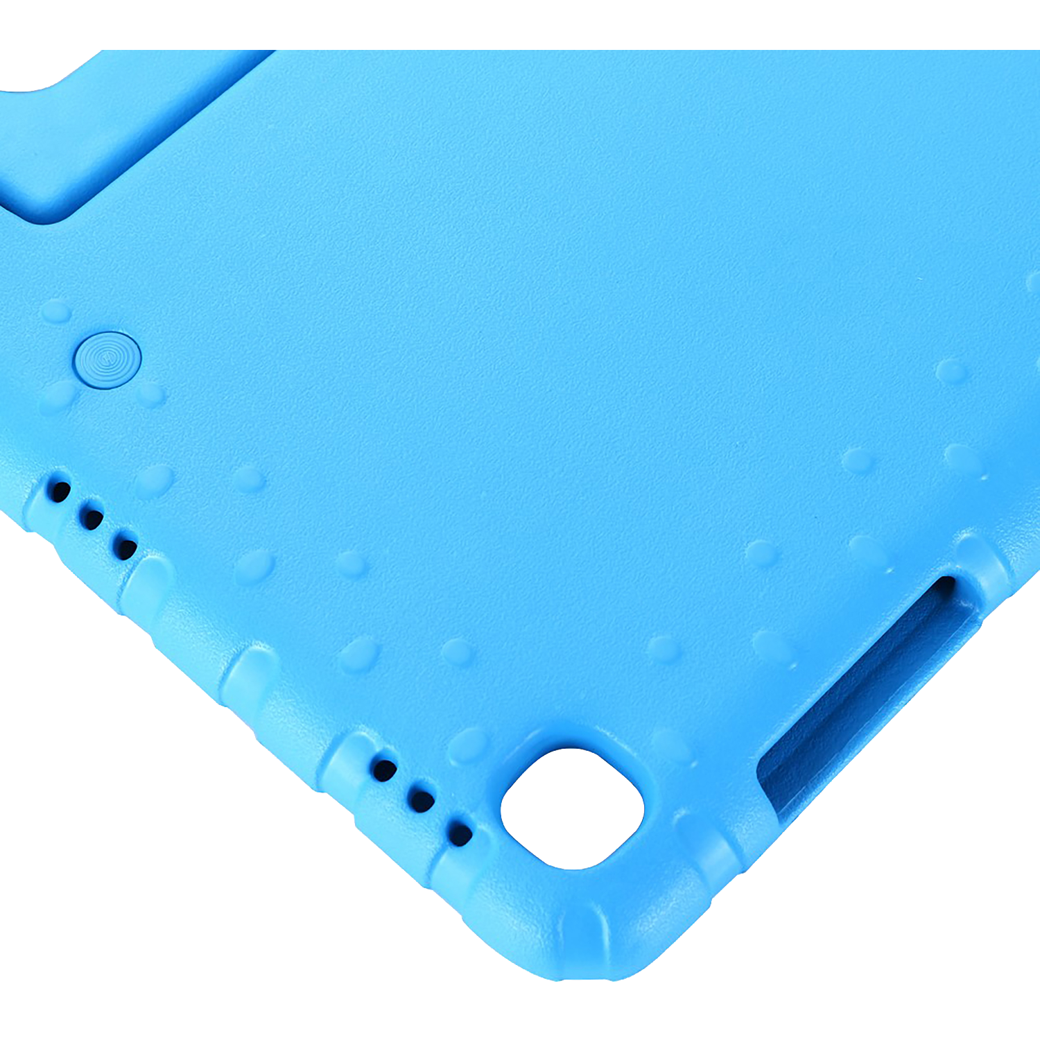 Close-up of a light blue tablet case. Shows a corner with rounded edges, a power button, speaker holes, and a camera cutout.