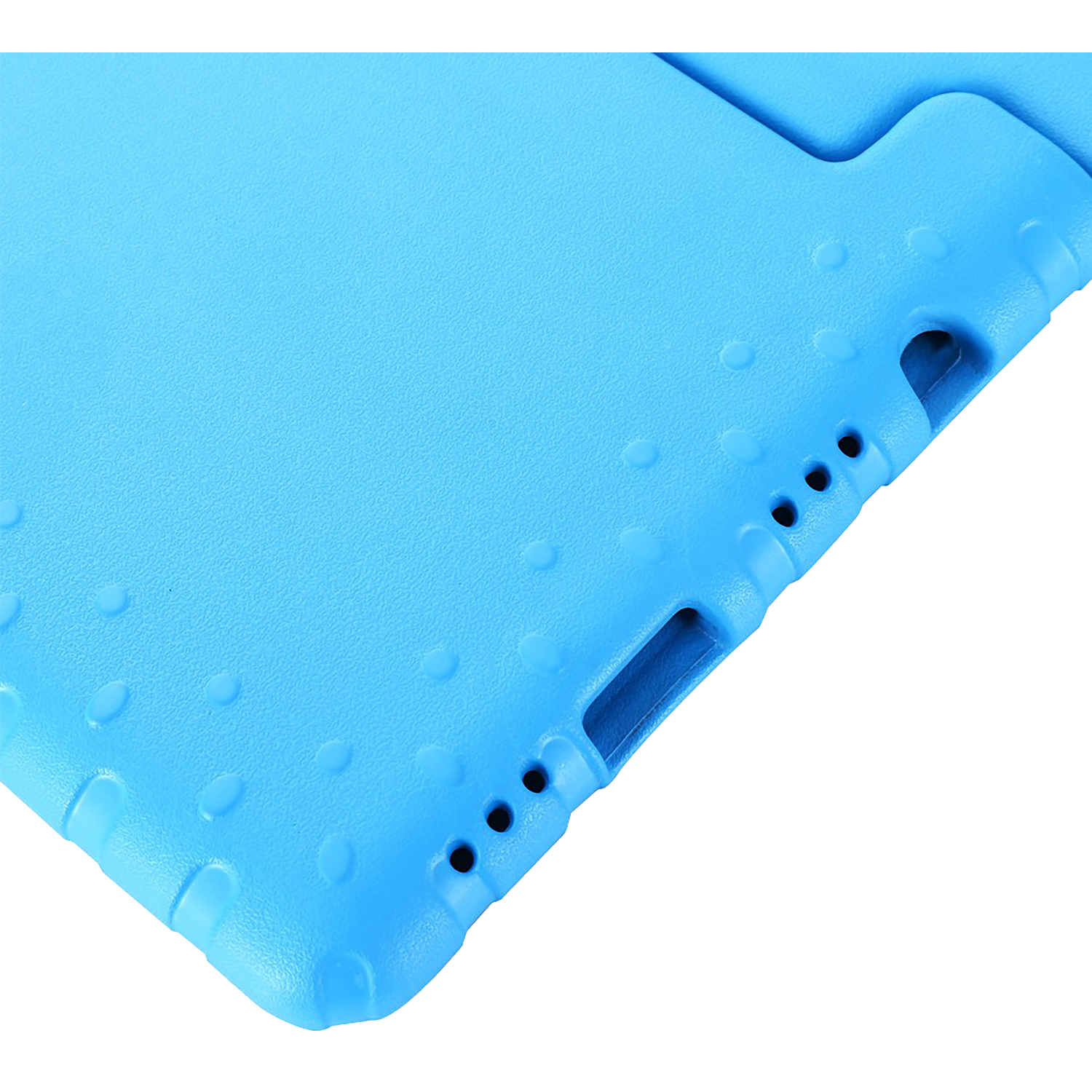 Close-up of a blue tablet case. It has rounded edges and small holes. Some small bumps are also visible.