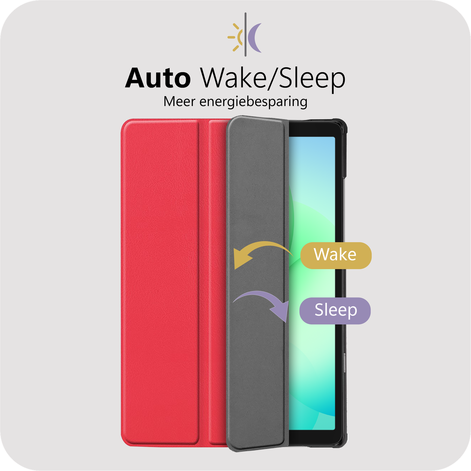 Image shows a tablet case with red and gray covers. Text says 'Auto Wake/Sleep'. Arrows and labels indicate wake and sleep functions.