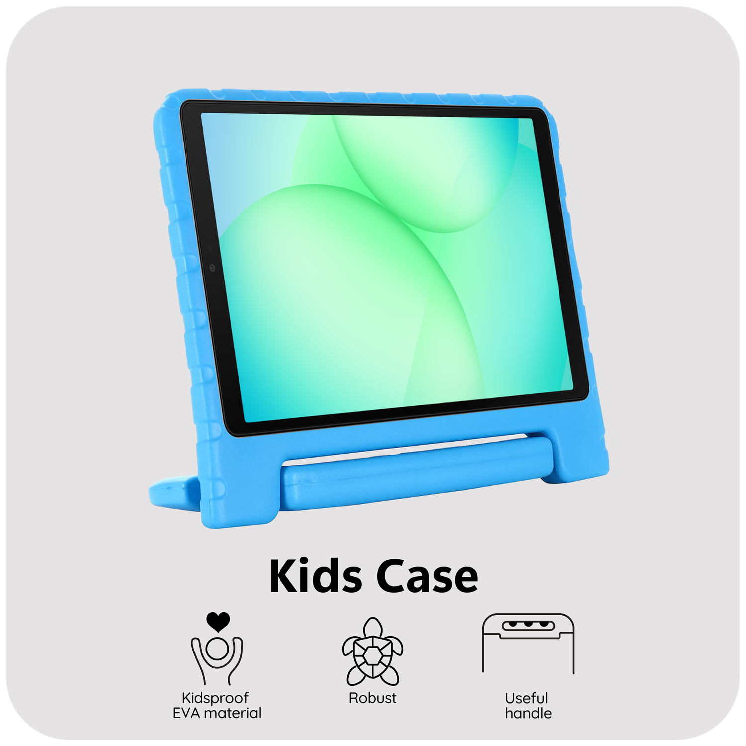 Blue kids' tablet case with a screen displaying green and white circles. Text: Kids Case, Kids-proof, Robust, Useful handle.