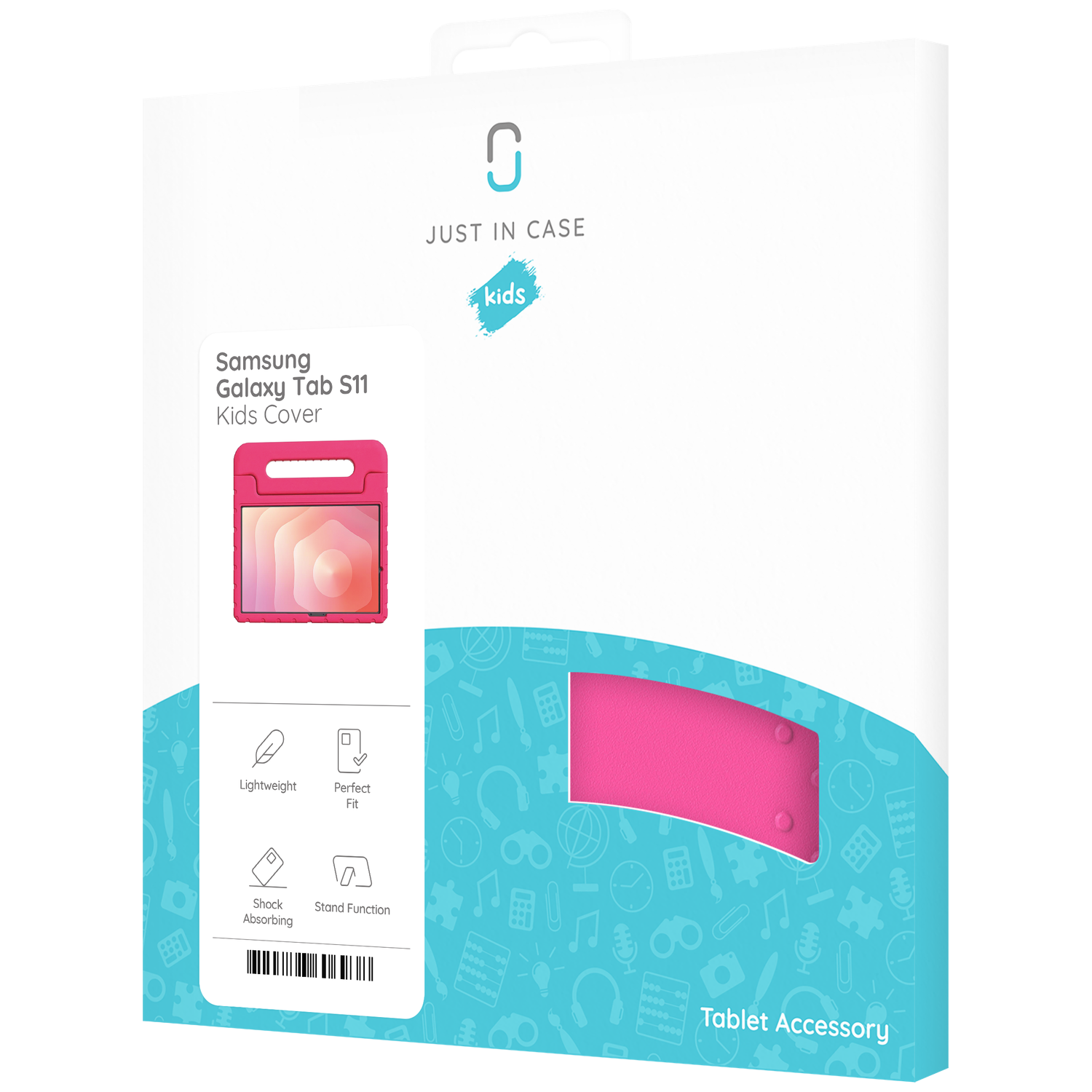 A tablet cover box in white and turquoise. The box shows a pink tablet cover for Samsung Galaxy Tab S11 Kids, with text and icons.