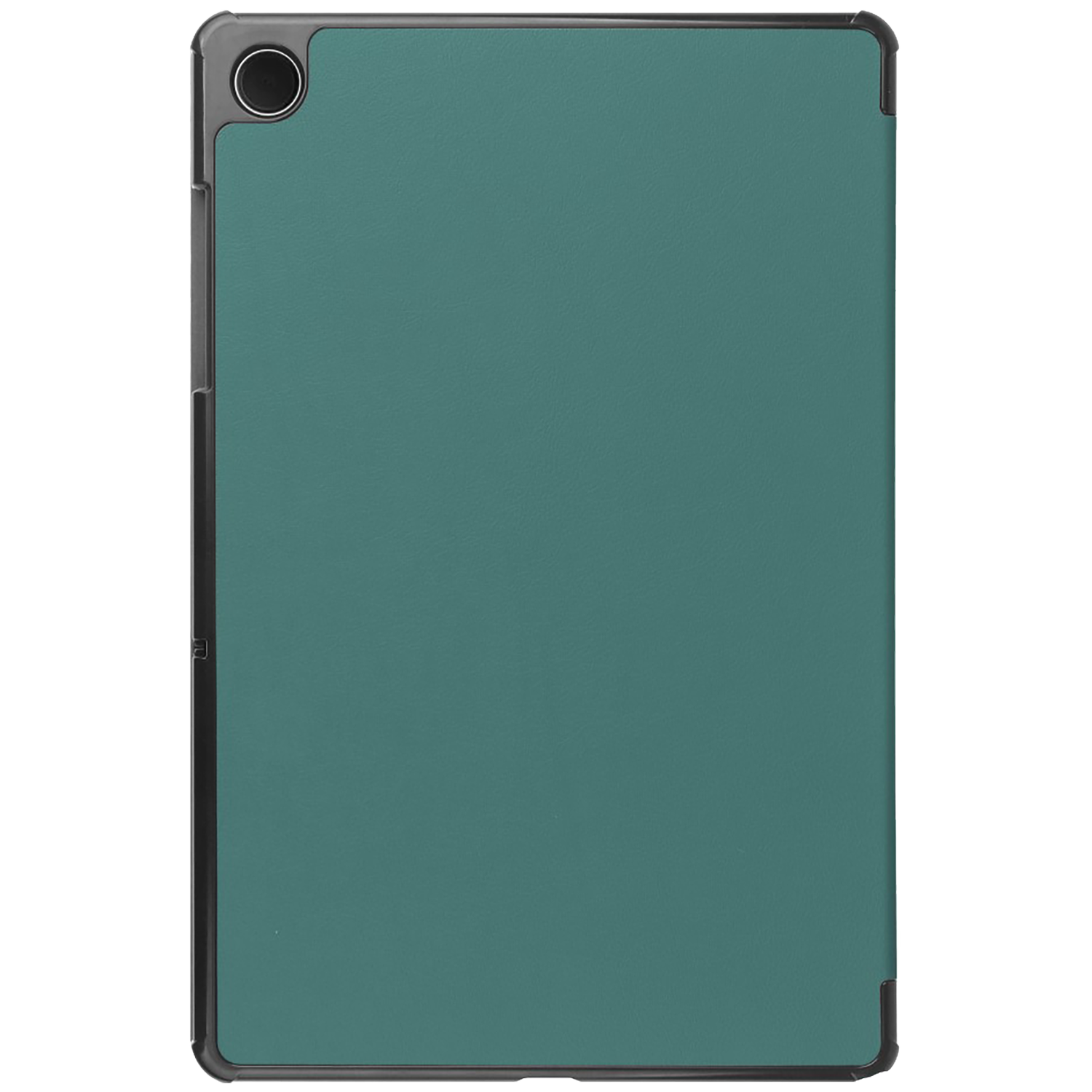 A teal tablet case with a black border. A camera lens is visible at the top left corner.
