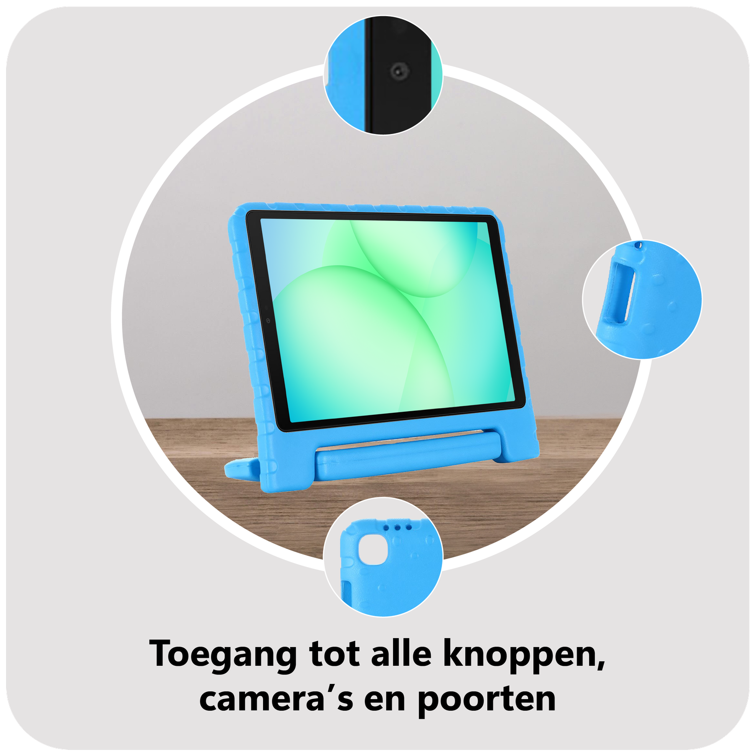 A blue tablet in a blue case, with close-ups of features. The screen displays a green abstract design, on a wooden surface.