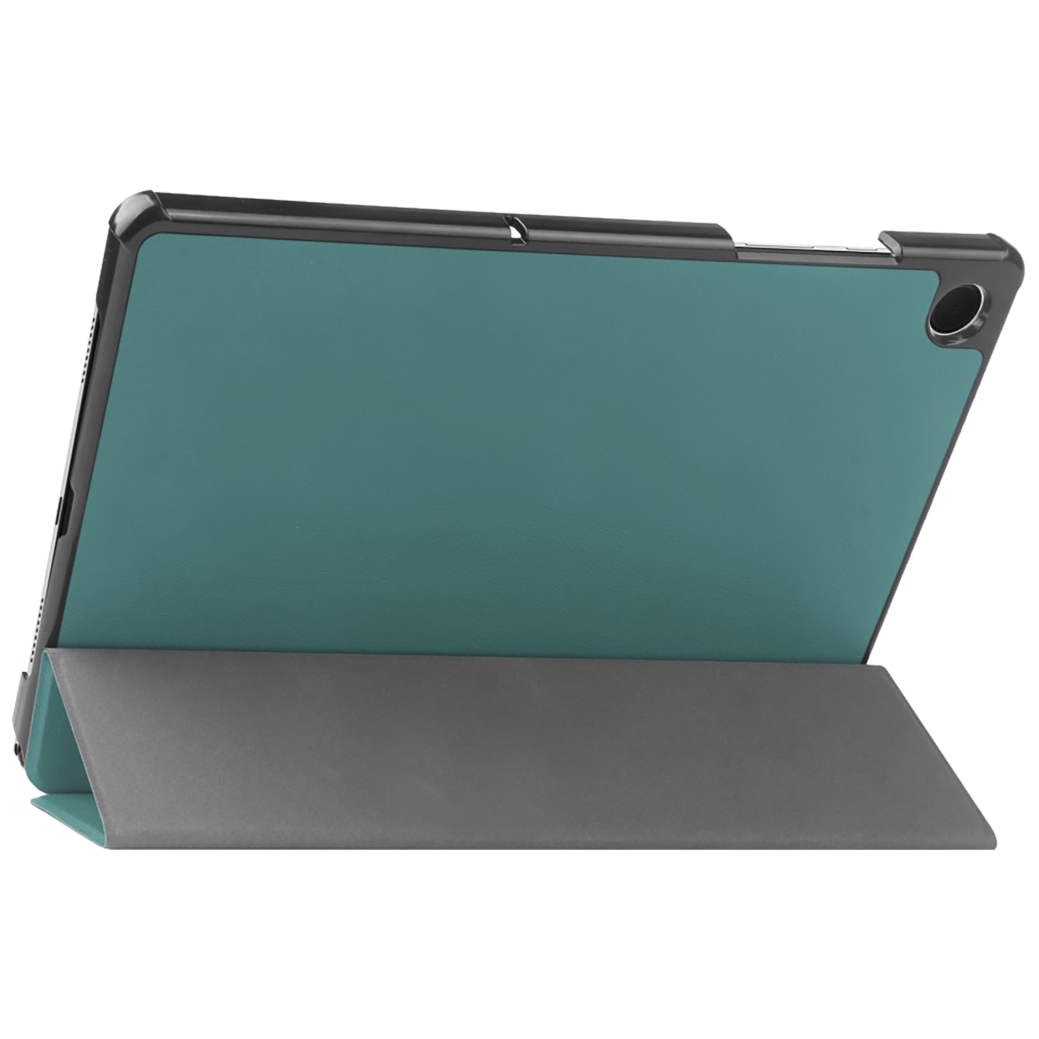Tablet case in teal and gray. The teal back is propped up by a gray cover. Black frame surrounds the teal surface.
