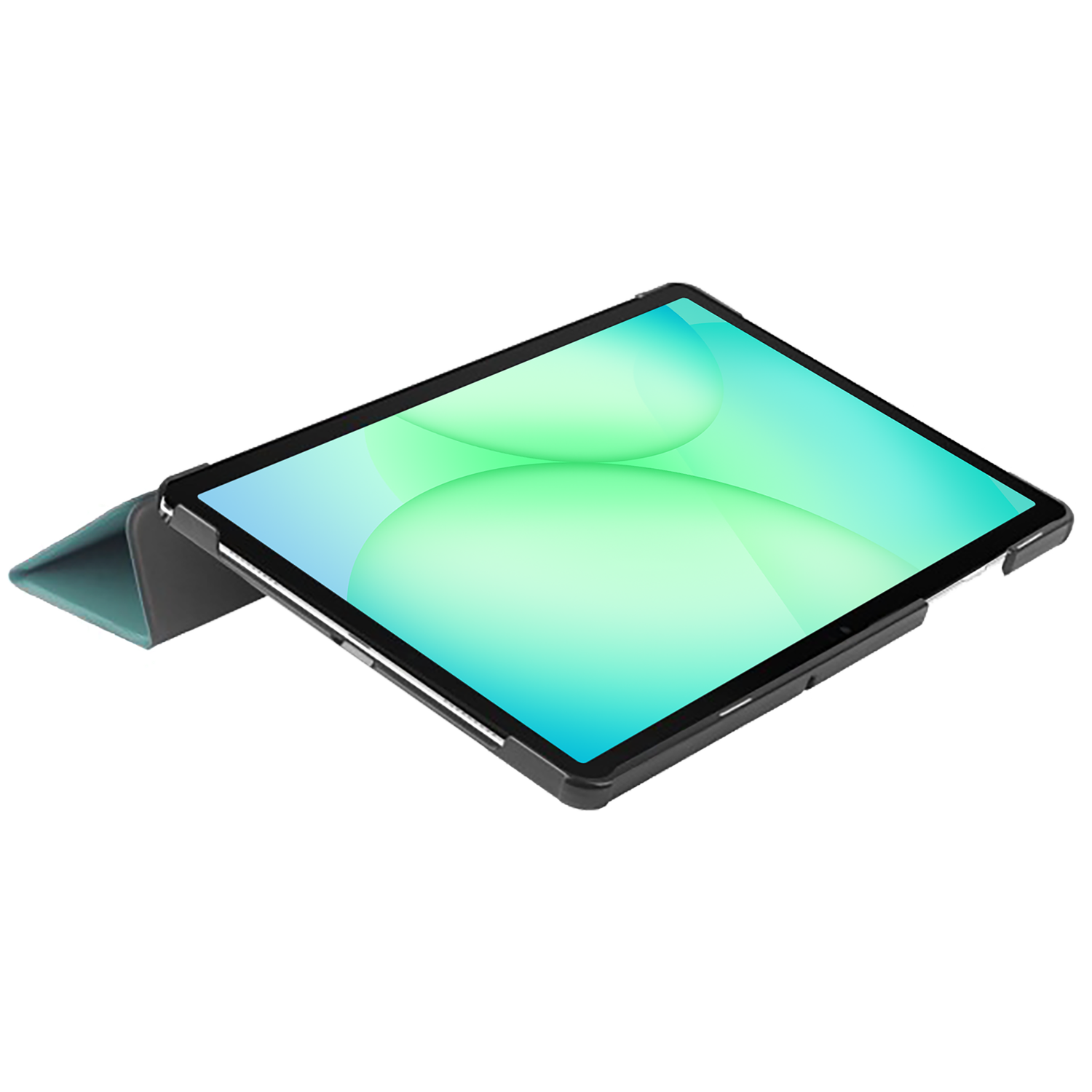 Tablet with a black frame and a green-blue screen, resting on a teal and gray cover, isolated on white background.