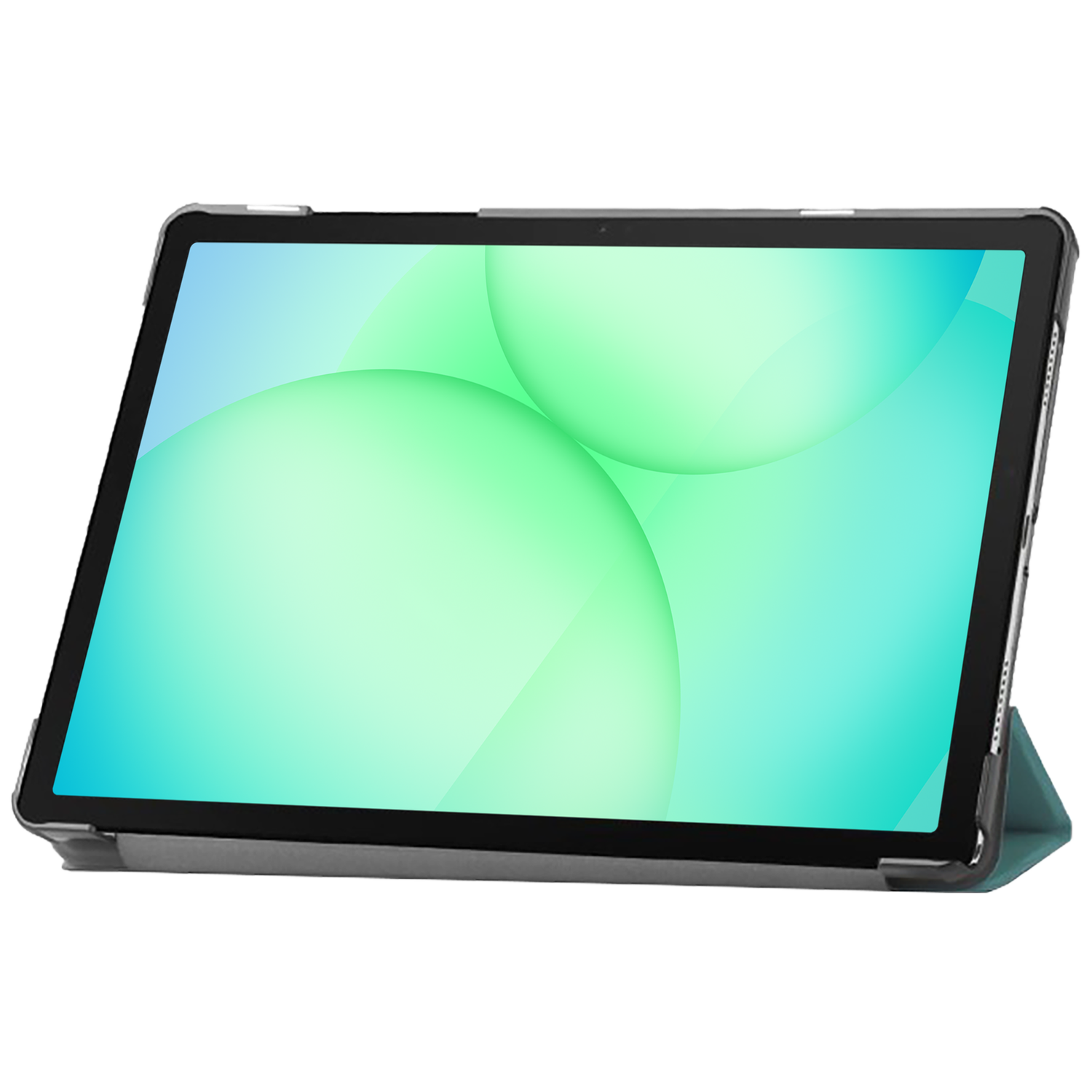 Tablet in a case, screen displays a gradient of green and blue. The case is gray with a darker green flap.