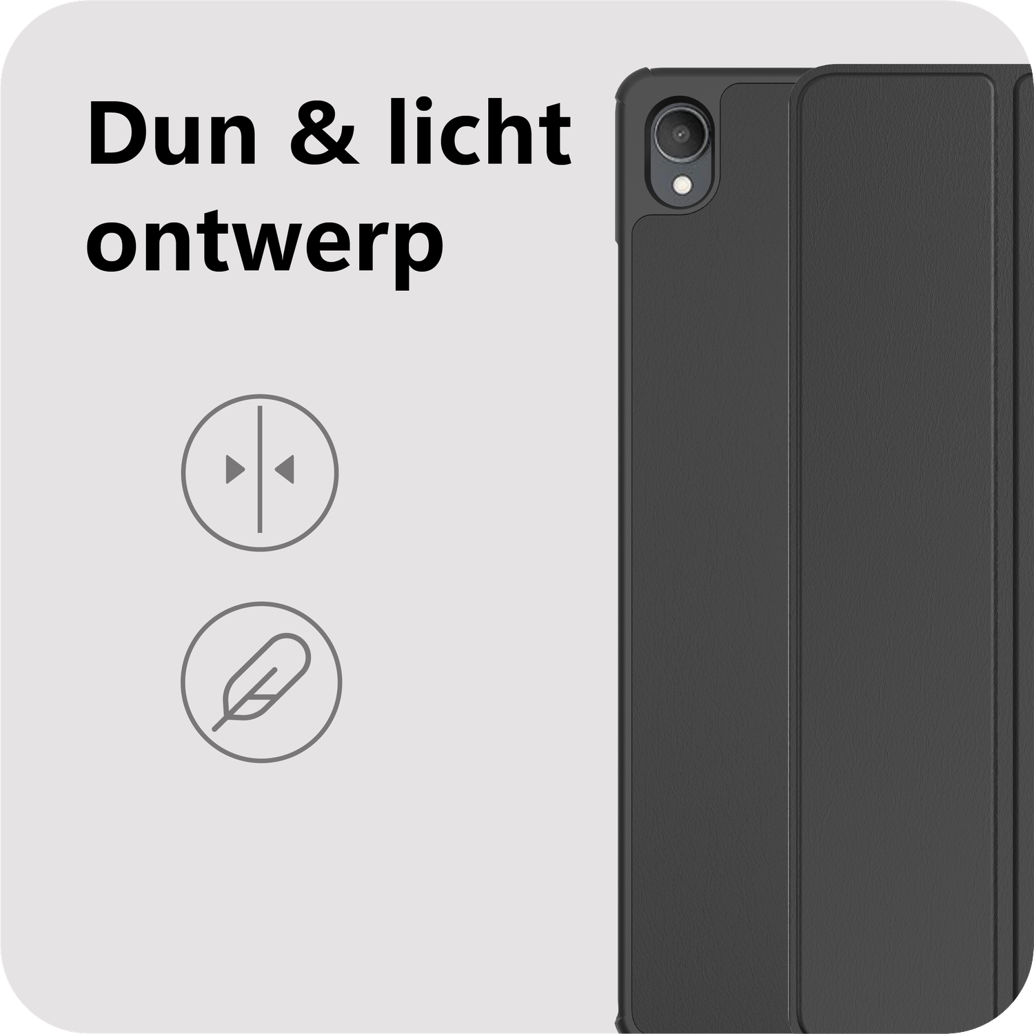 Afbeelding toont een zwarte tablethoes met de woorden 'Dun & licht ontwerp' en iconen voor dunheid en lichtheid.