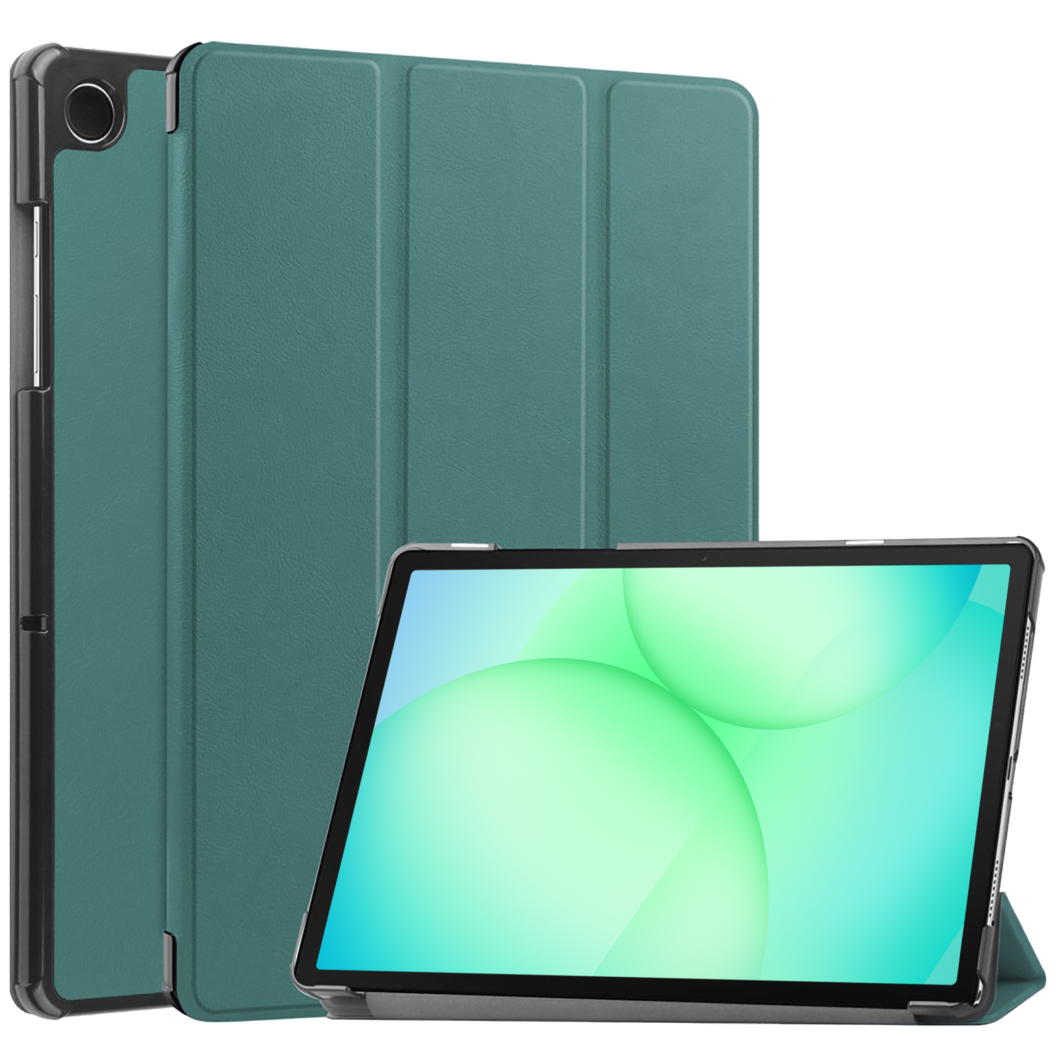 Tablet with a teal case, opened to display the screen. The screen shows green and light green orbs. The case is standing.