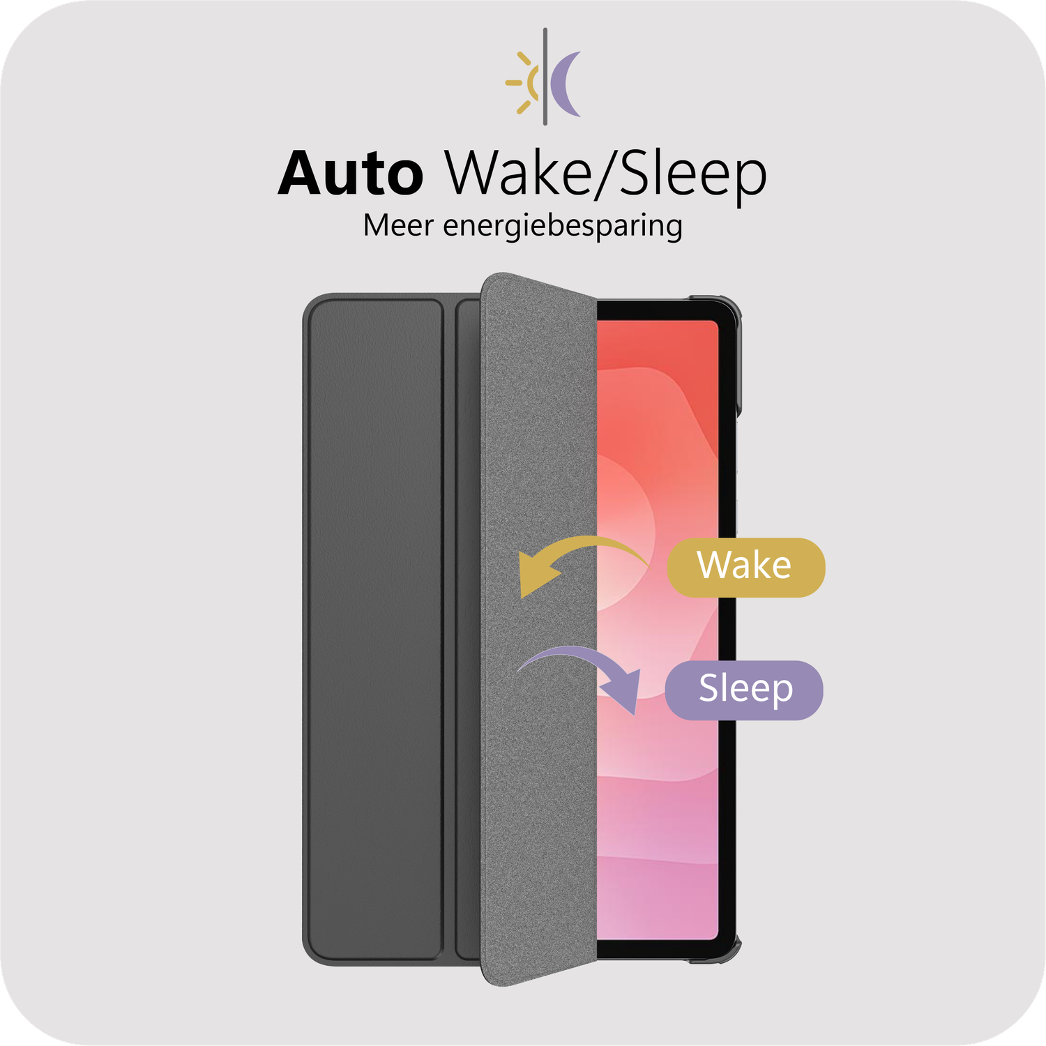 Tablethoes met wake/sleep functie. Grijze hoes opent, toont tabletscherm. Gele pijl naar 'Wake', paarse naar 'Sleep'.