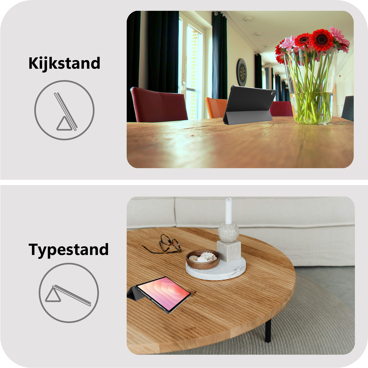 Boven: Tablet op tafel met vaas bloemen. Onder: Tablet op tafel met bril, schelpen, kandelaar. Beide in stand-modus.