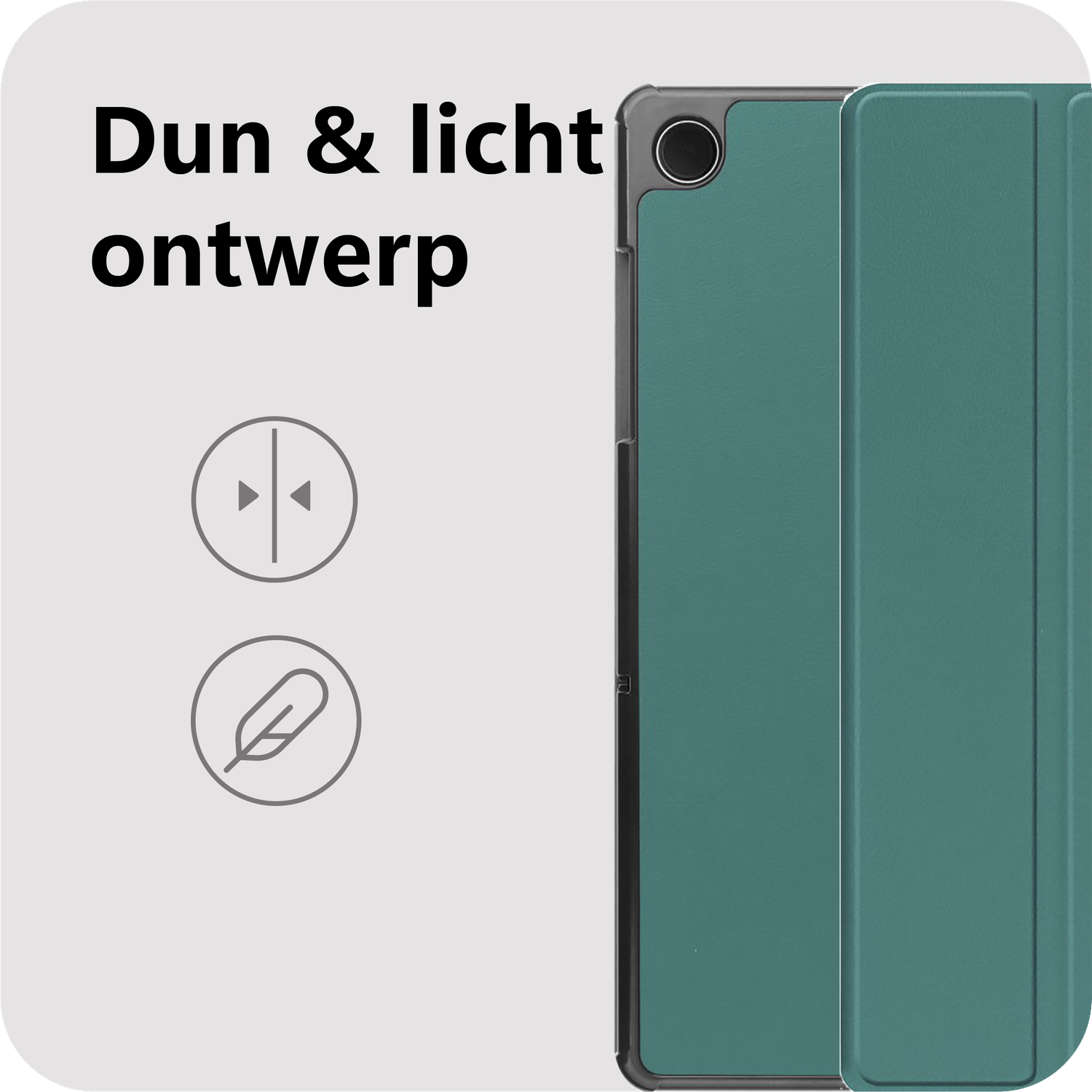 Tablet case with open cover. Text: Dun & licht ontwerp. Icons for thinness and lightness are shown. The case is teal.