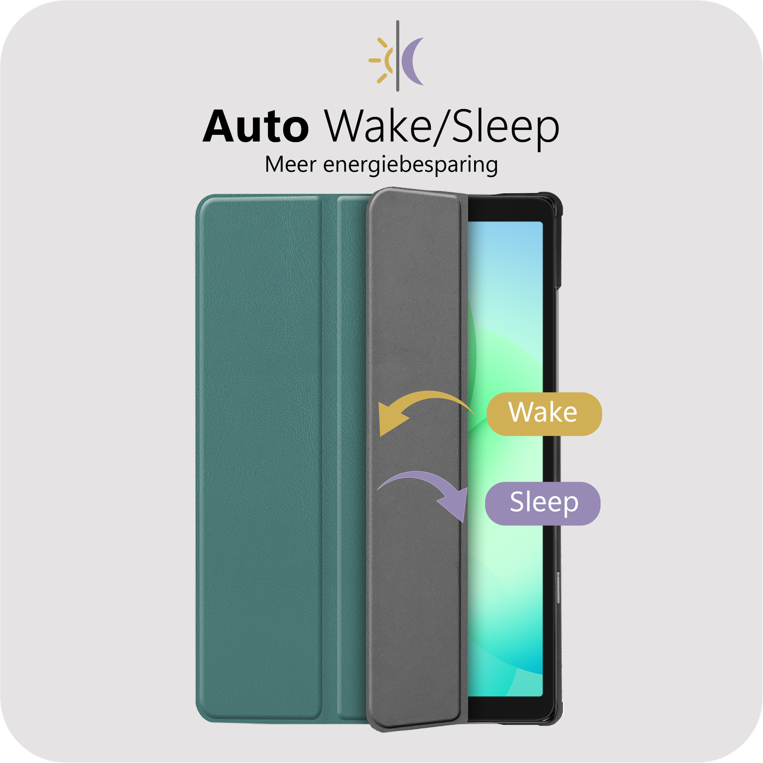 Tablet case with auto wake/sleep feature. Case is open, showing the screen with "Wake" and "Sleep" labels.