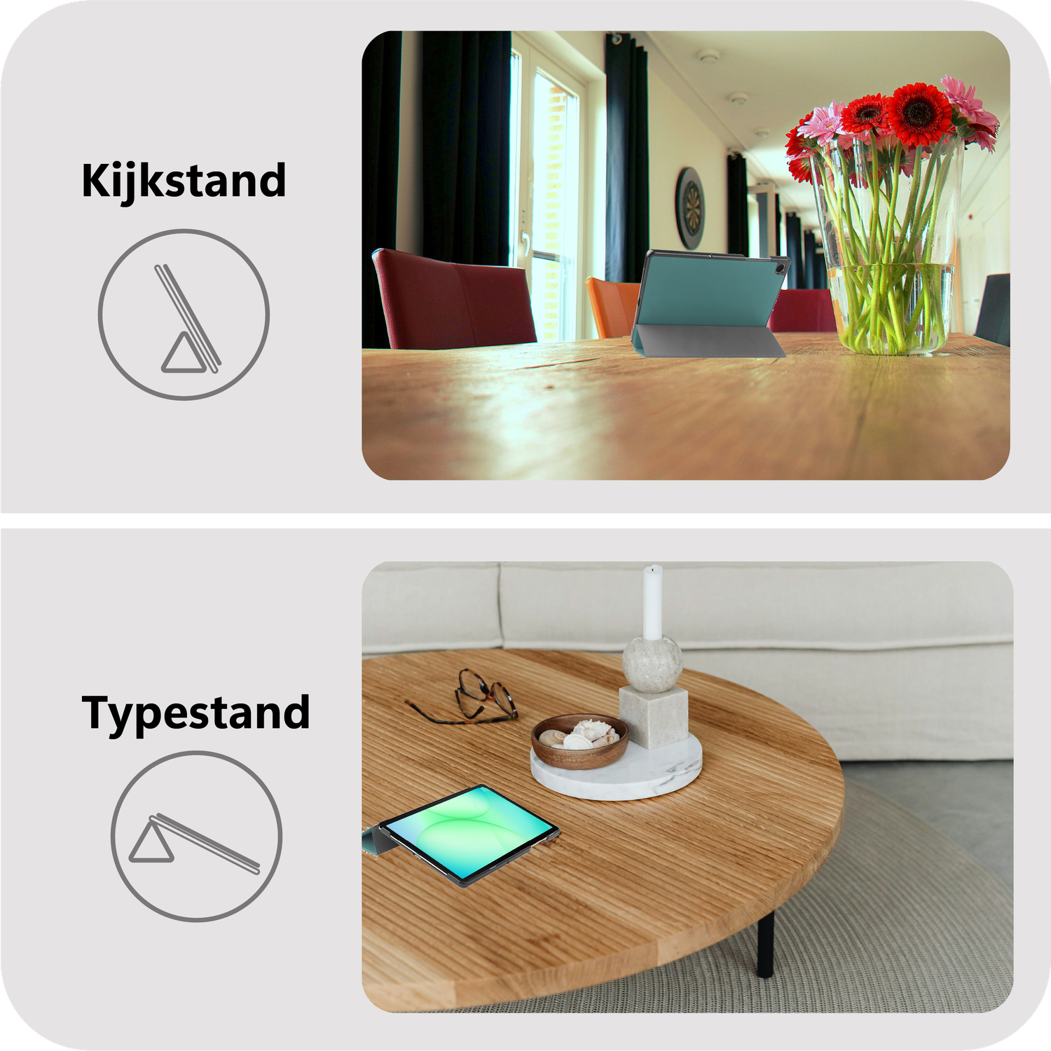 Top: Table with tablet, vase of flowers. Bottom: Table with tablet, glasses, bowl, candle holder.