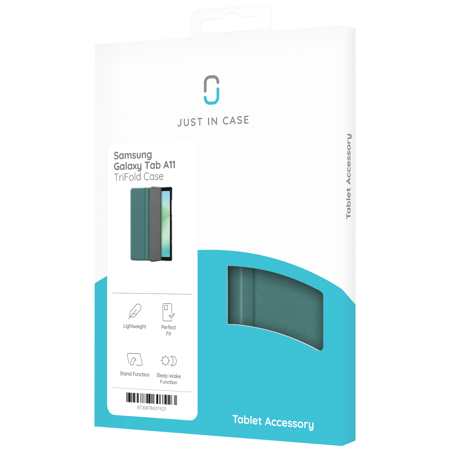 A tablet case box. It says 'Samsung Galaxy Tab A11 TriFold Case'. Includes features like lightweight and sleep-wake function.