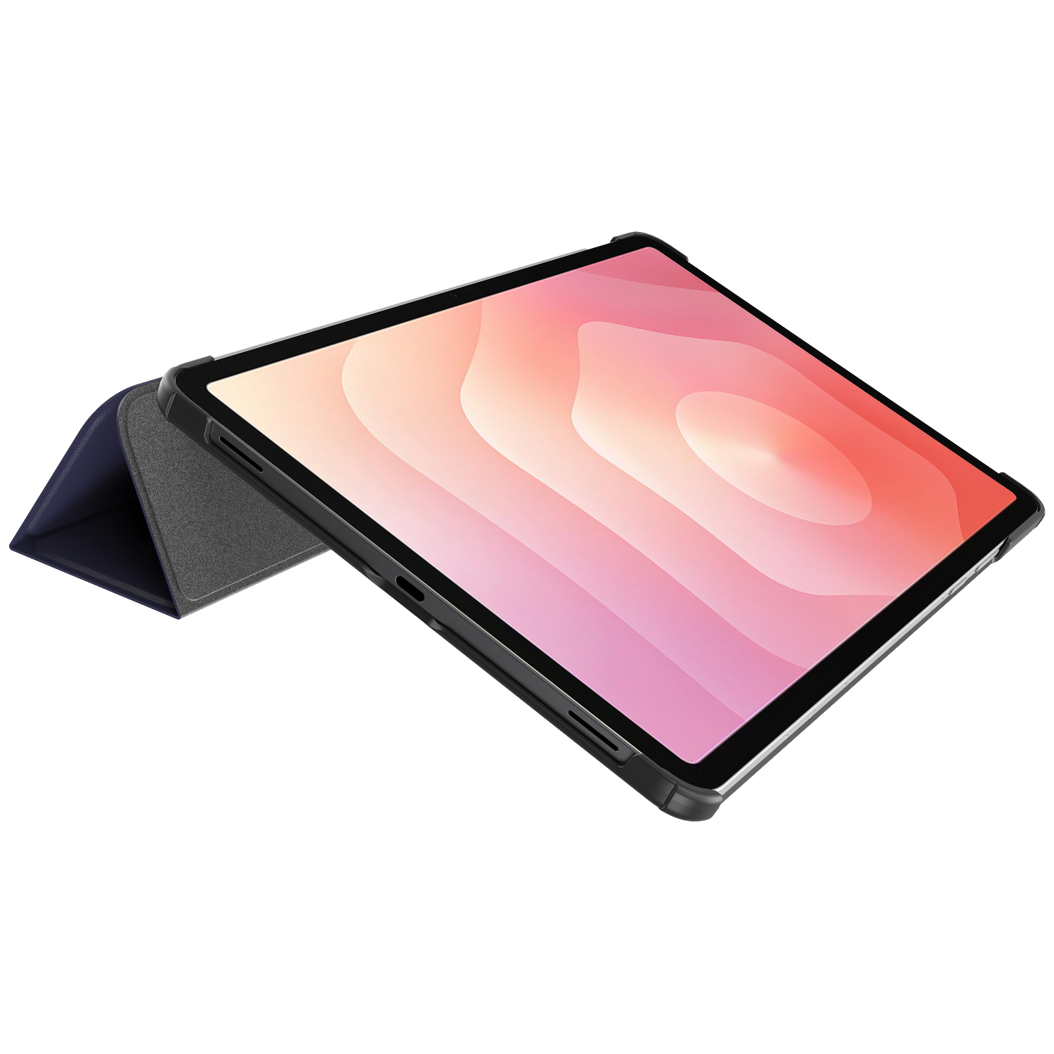 Tablet in a case. The screen displays a pink and orange gradient. The case is black and blue.