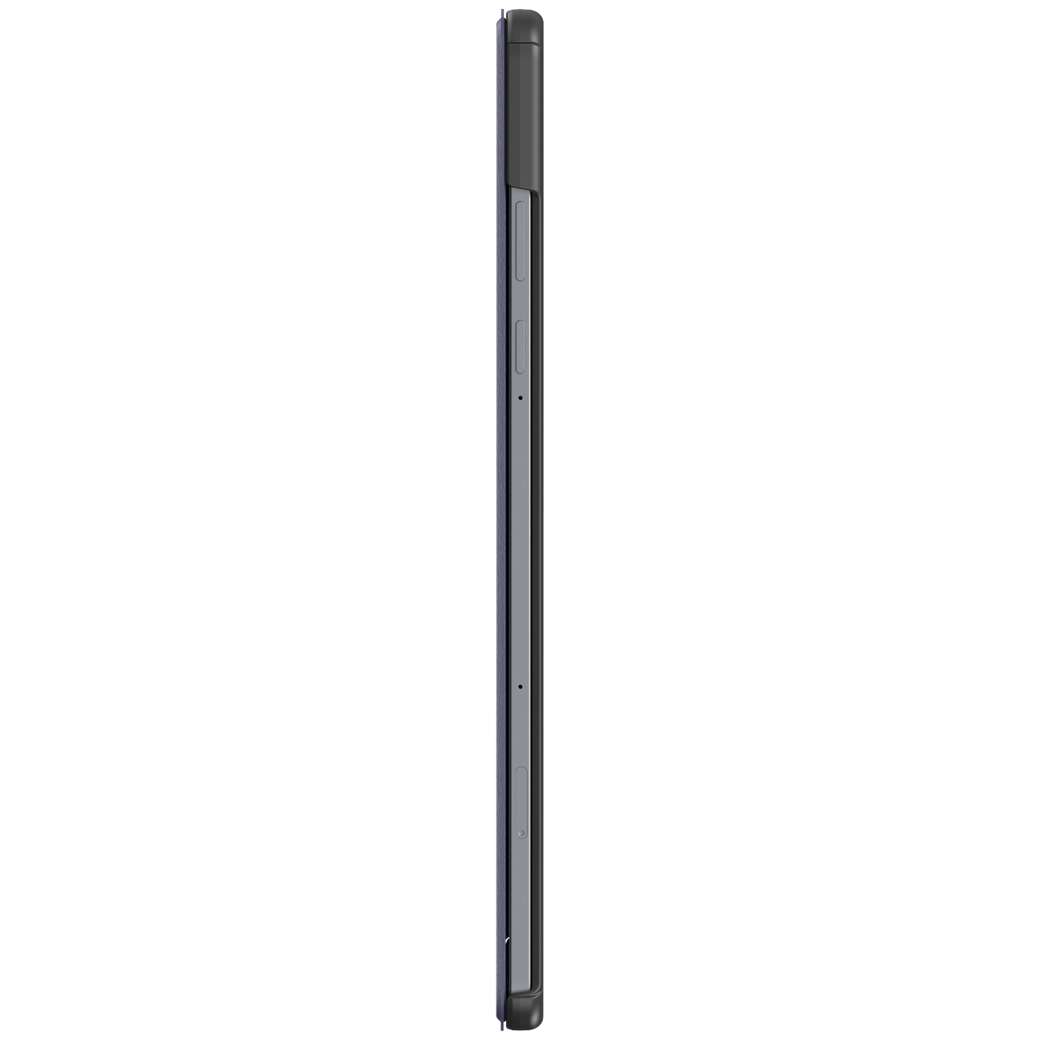 Side view of a black smartphone. Buttons and a SIM card slot are visible on the side. The phone is in a black case.