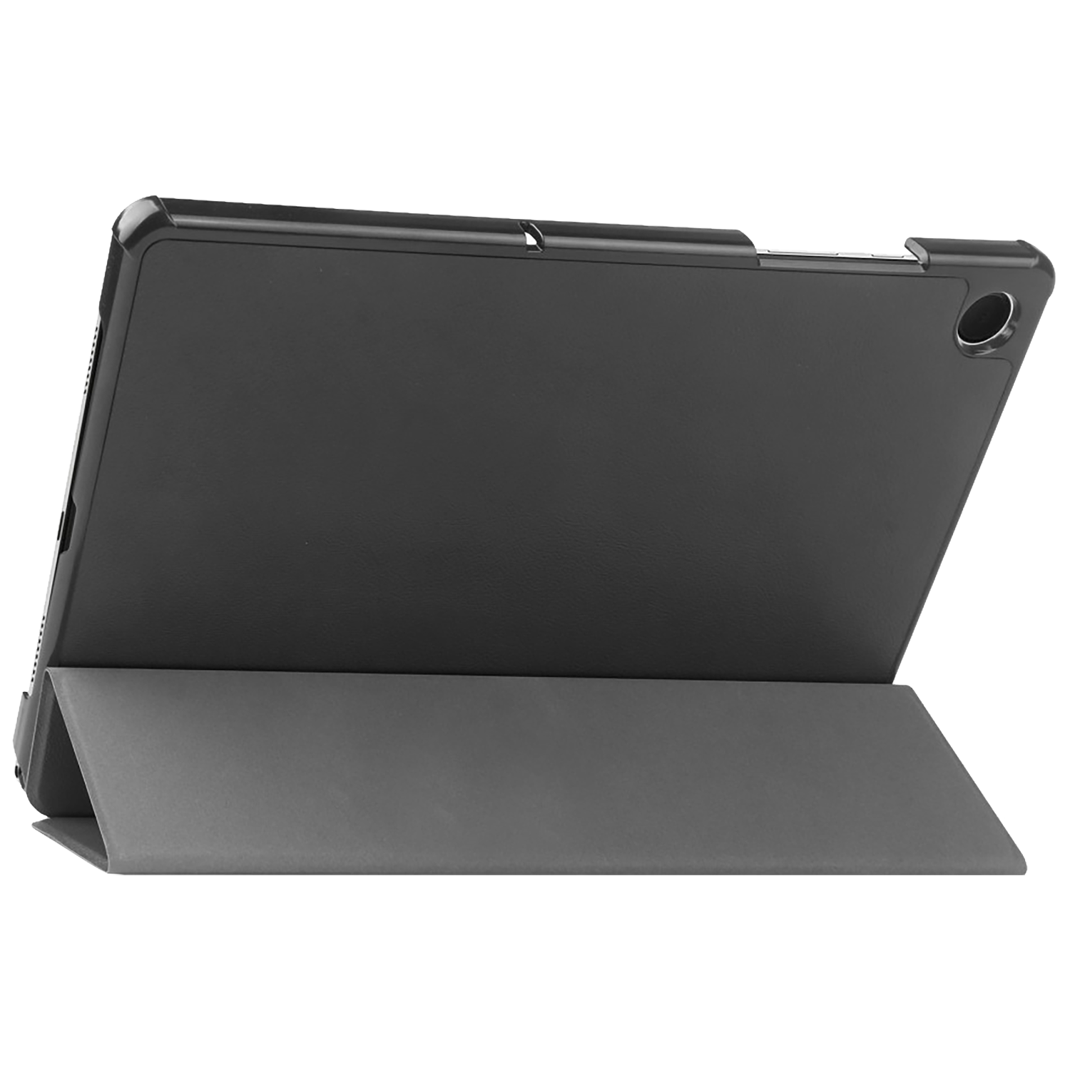 Een zwarte tablet in een grijze hoes is omhooggeklapt en toont de achterkant. De hoes is opgevouwen om de tablet te ondersteunen.