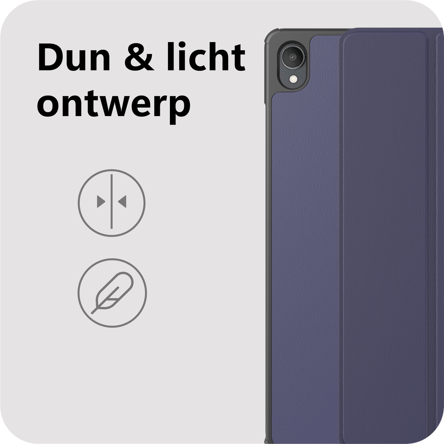 Image shows a dark blue tablet case. Text says 'Thin & light design' with icons for weight and thinness. The tablet's camera is visible.
