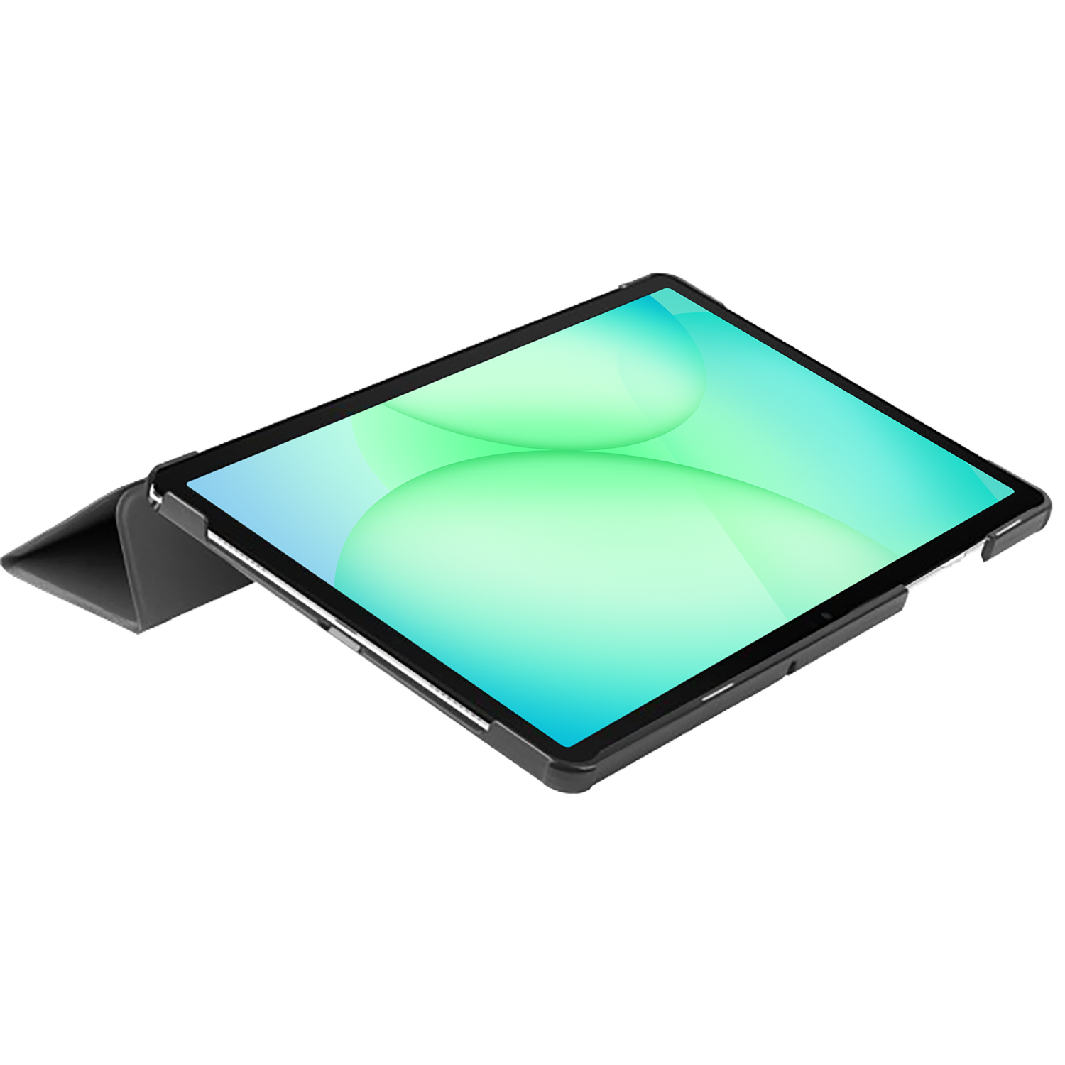 Een tablet met een zwarte hoes staat iets schuin. Het scherm toont een groen en blauw verloop. De hoes is open en fungeert als standaard.