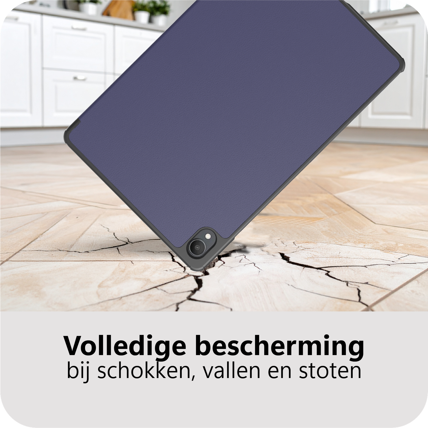 A tablet case falls onto a tiled floor, causing a crack. The case is dark blue, and the floor is light brown.